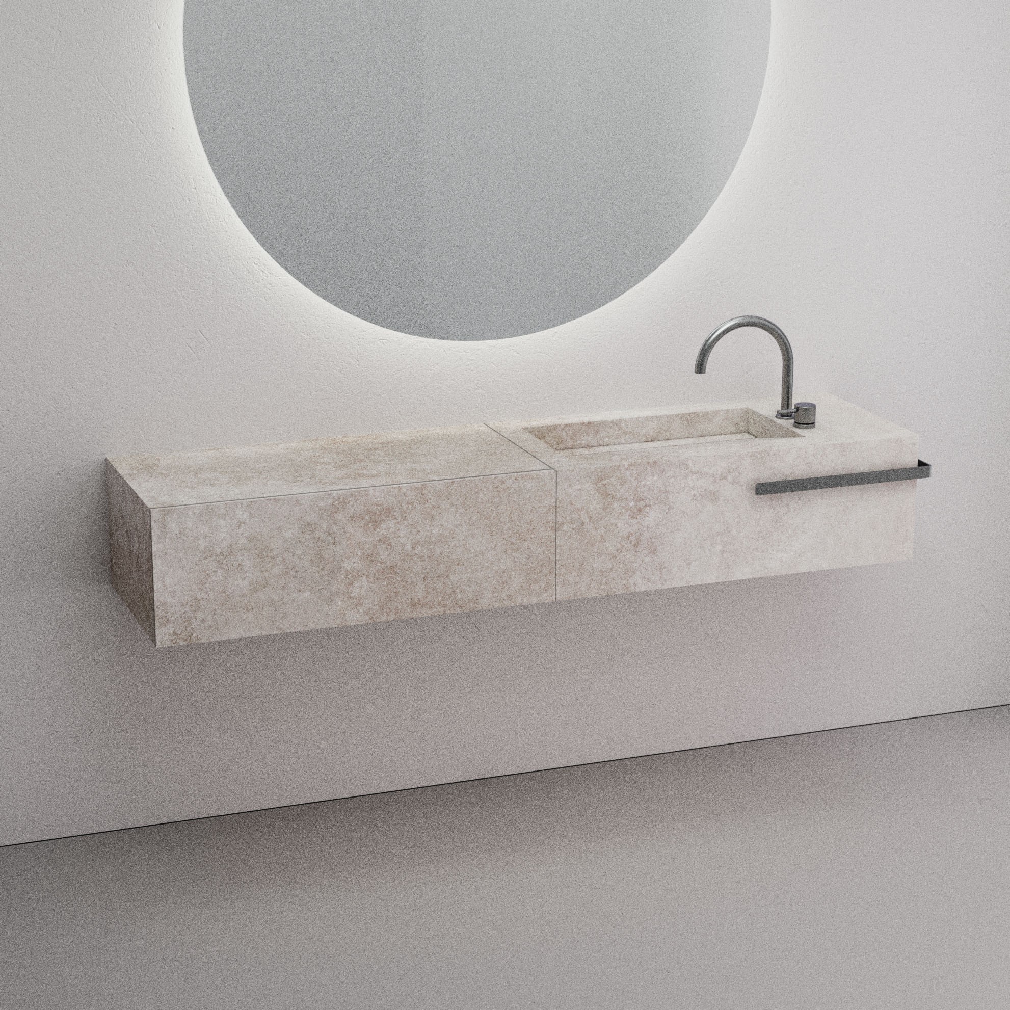 A man standing in a modern studio space, gesturing while discussing architectural plans. Shelves with books and models line the background.