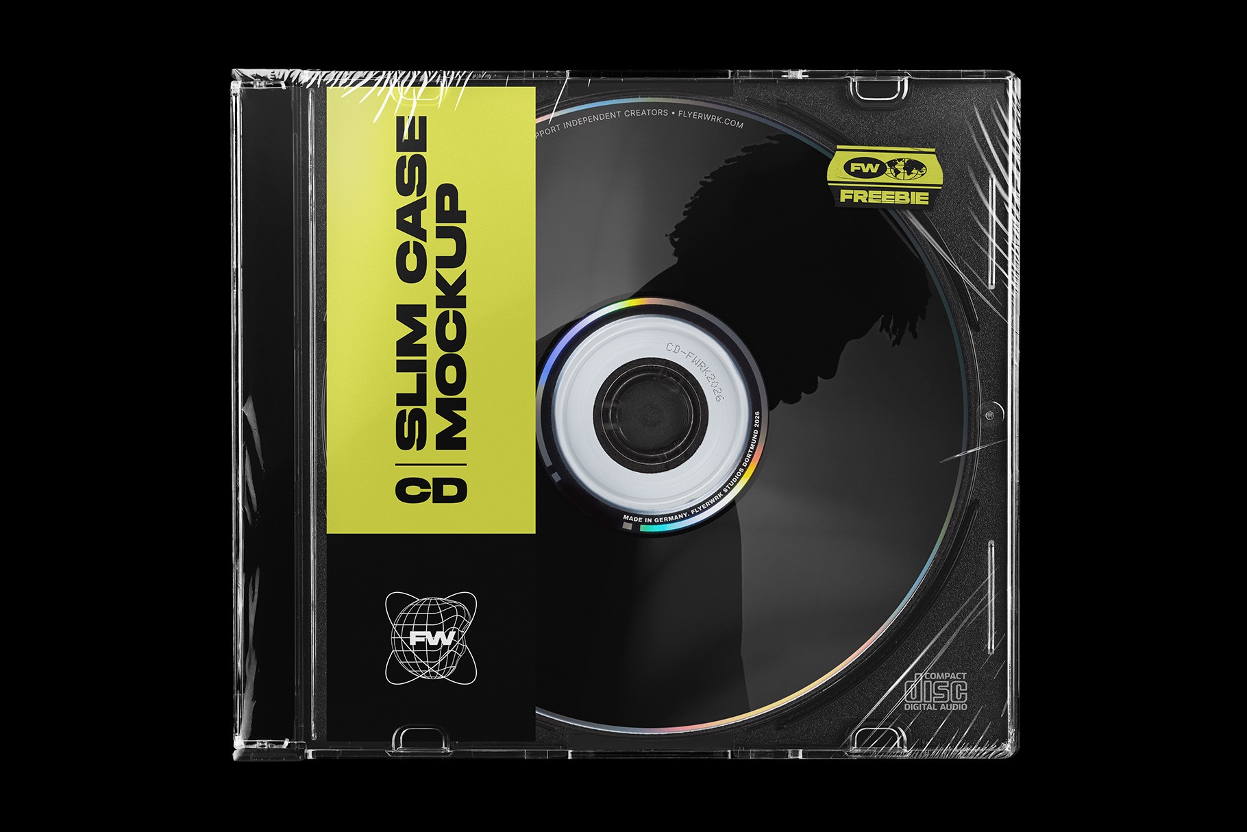 Maxi Single CD Slim Case Mockup featuring a vibrant yellow cover design and realistic plastic wrap texture