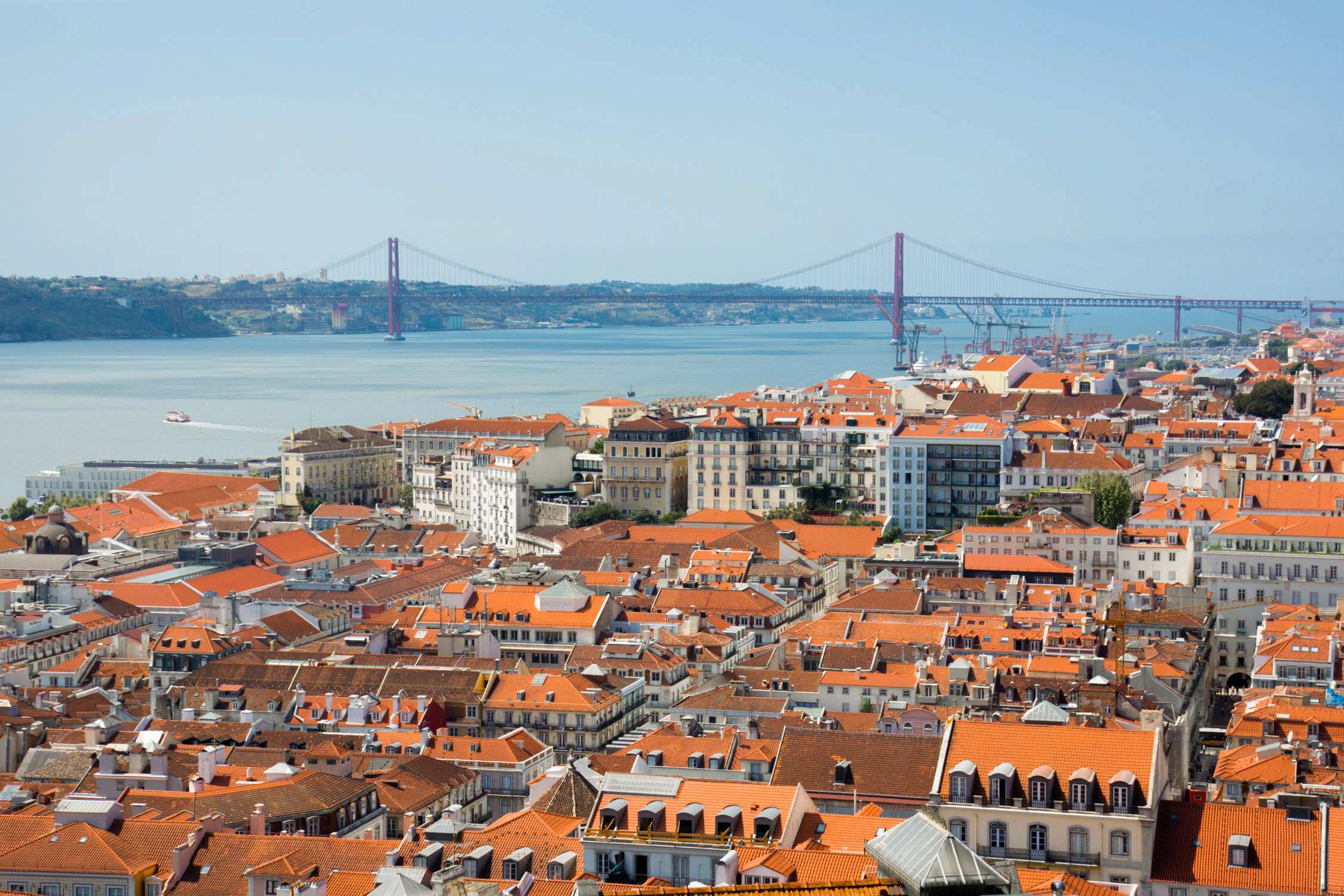 A wide view of Lisbon's red-tiled rooftops and white buildings overlooking a river with a red suspension bridge.