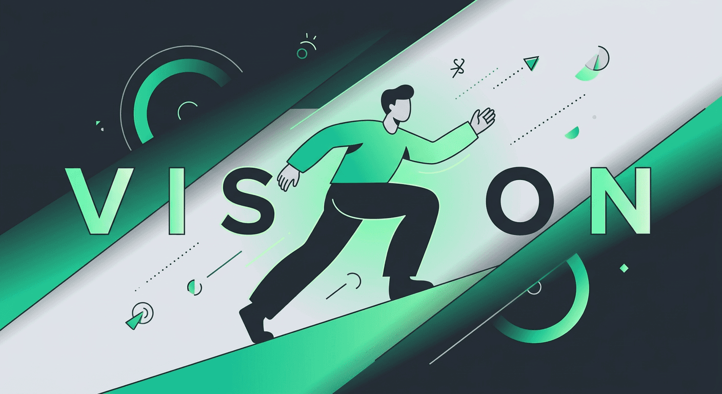 Stylized person climbing a slope with the word VISION amidst green abstract shapes, conveying forward momentum.