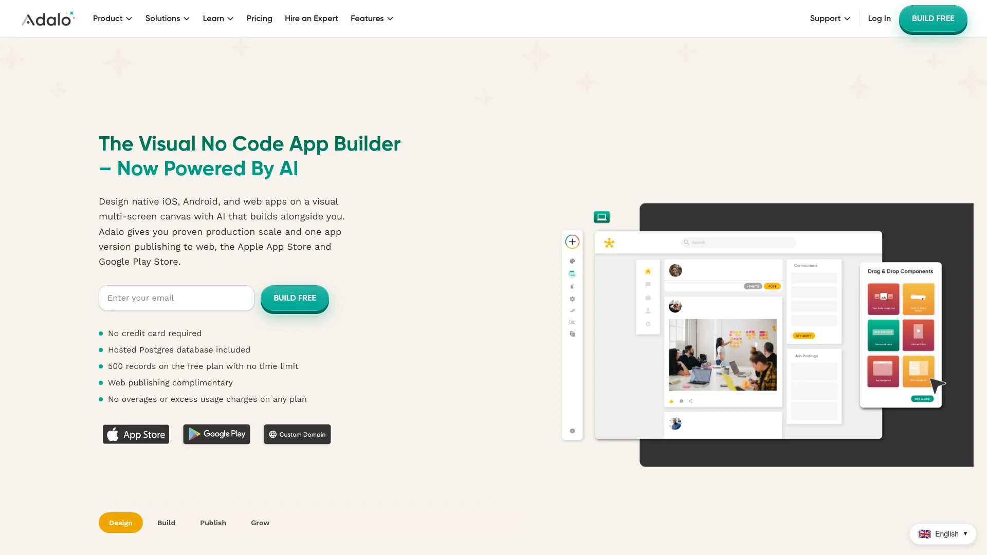 Adalo homepage showing no-code app builder for mobile apps
