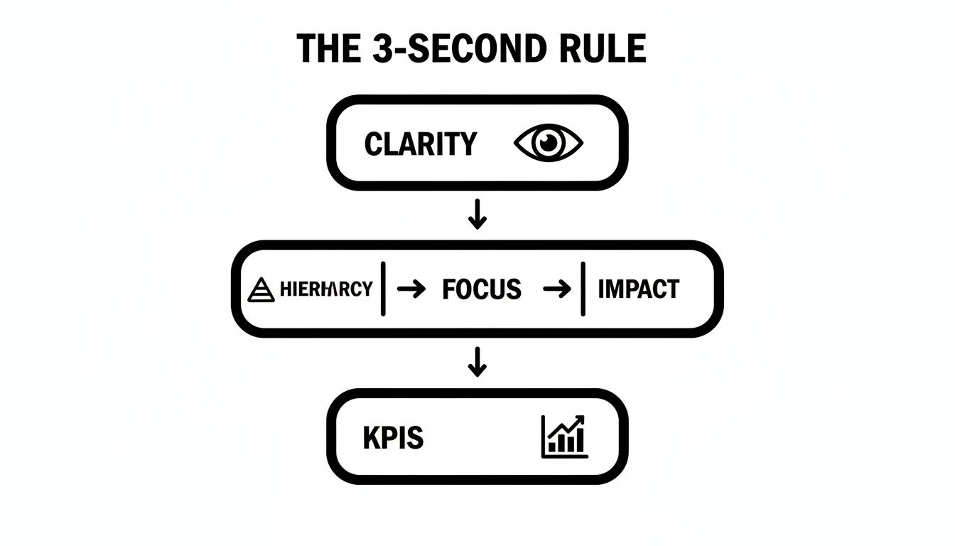 A flowchart titled 'The 3-Second Rule' showing Clarity leading to Hierarchy, Focus, Impact, and KPIs.
