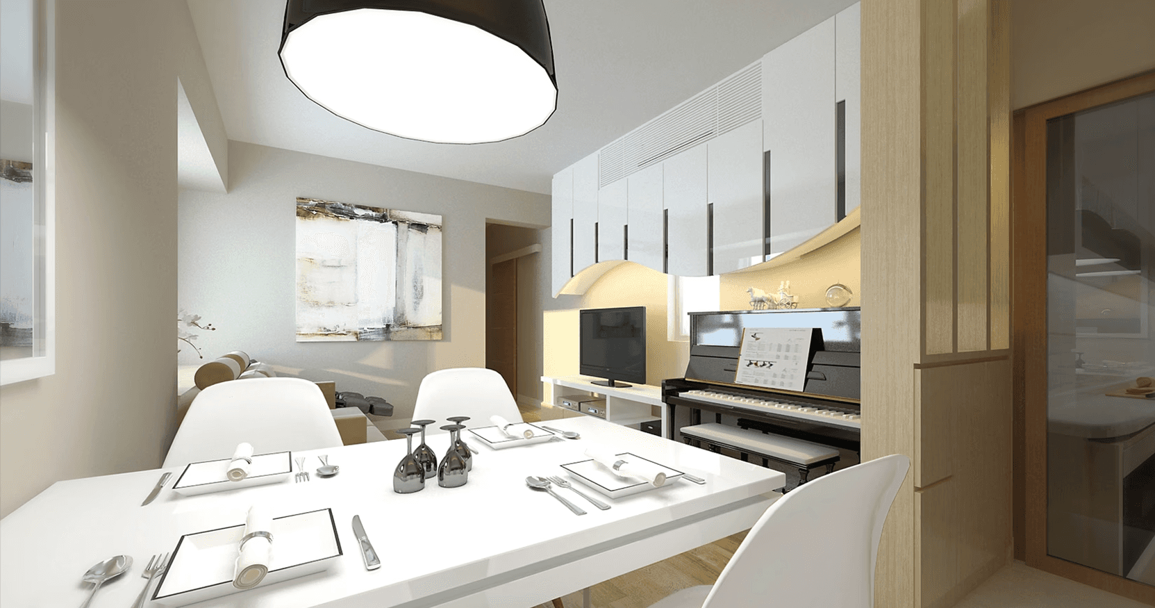 Refined living room design at Castello integrates a glossy white table and a matte black piano against sculptural wall panels illuminated by a spherical pendant.