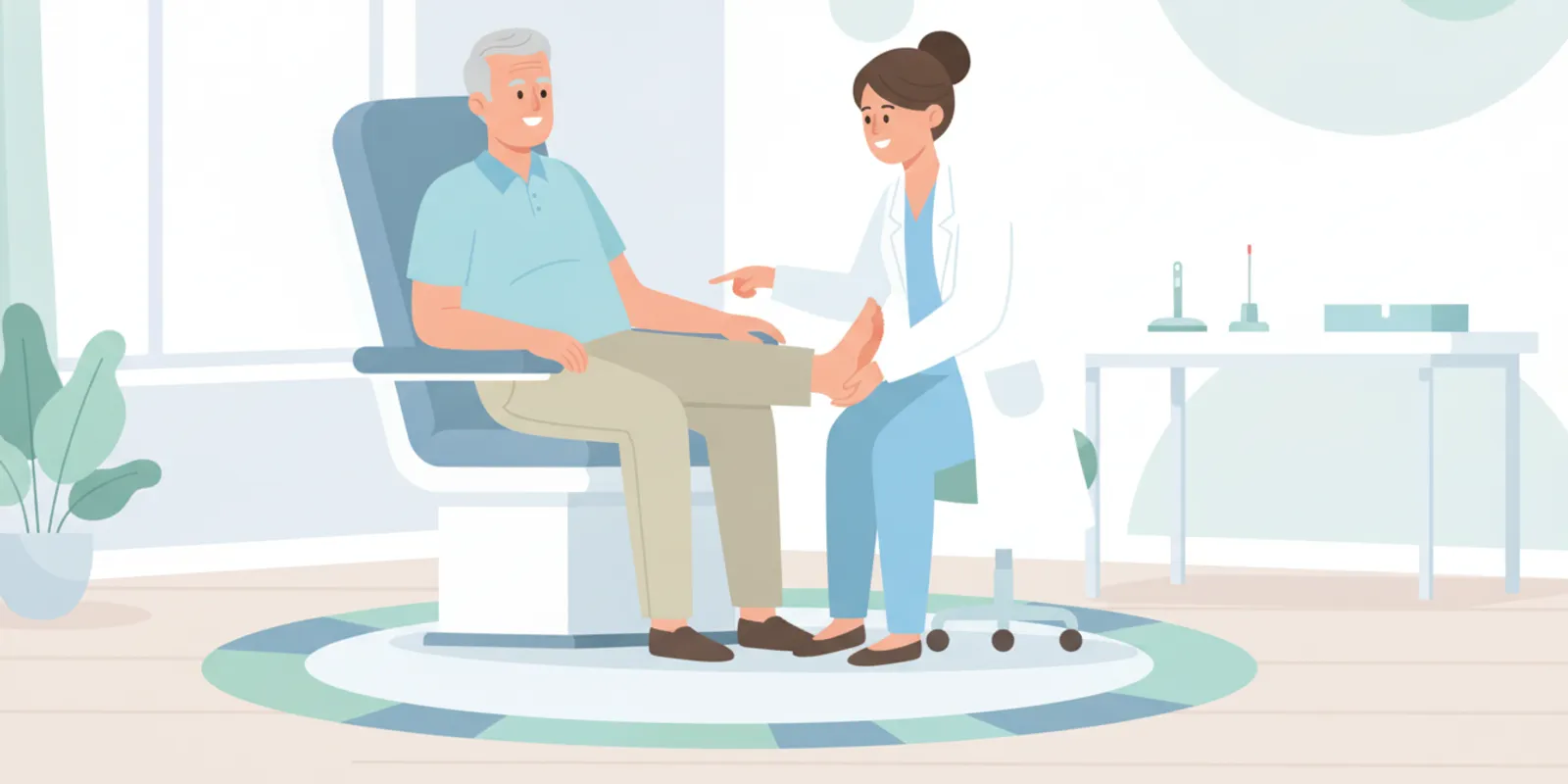 Foot and ankle clinician examining a patient's foot during a diabetes-related foot care visit