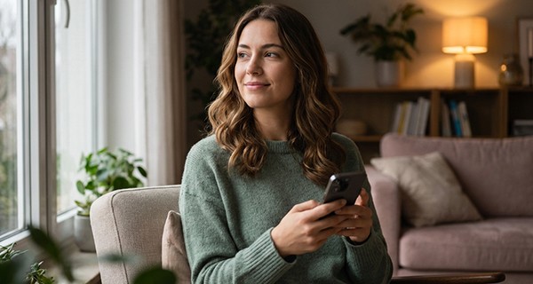 Frau sitzt entspannt zuhause mit Smartphone in der Hand