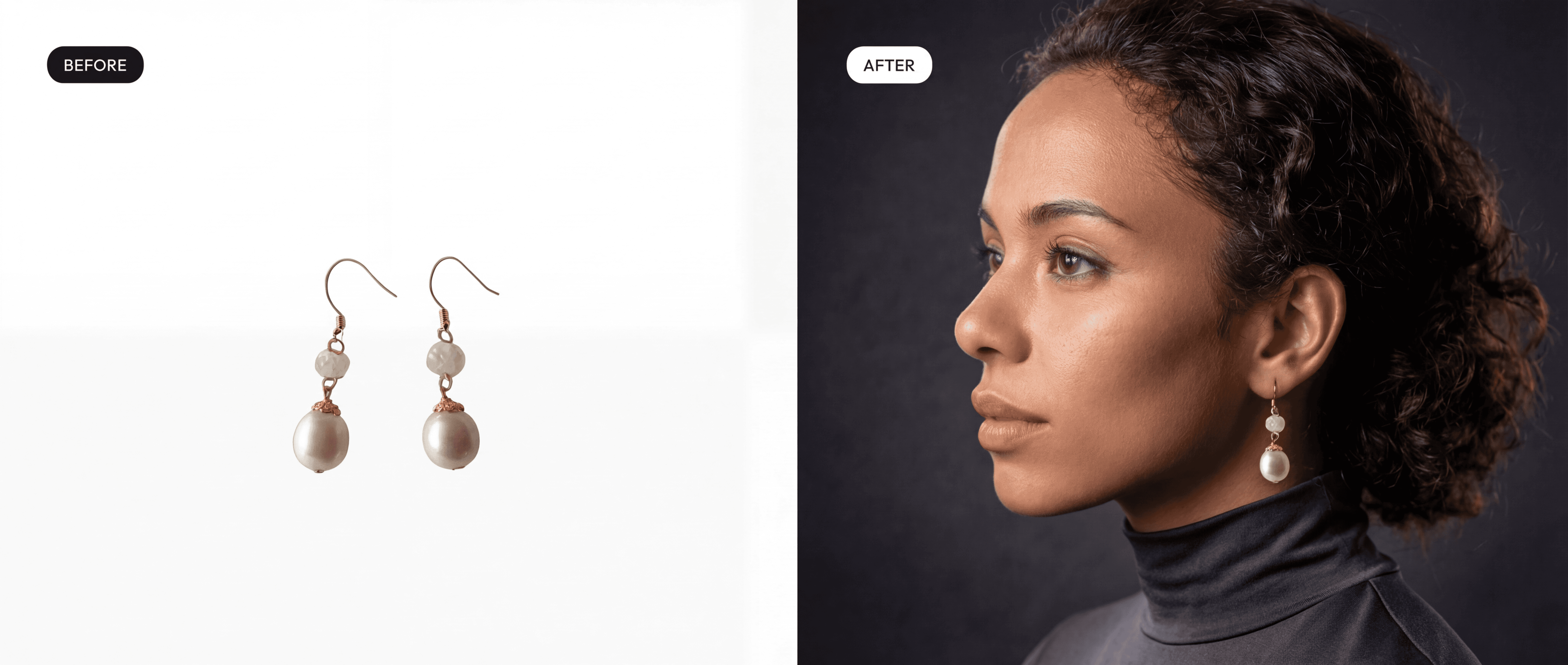 Before and after: pearl earrings product photo transformed into model wearing them in a black studio