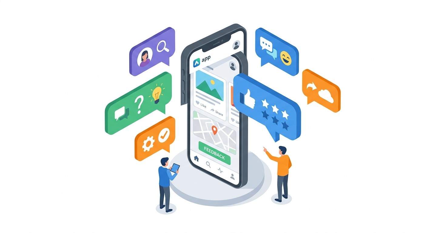 Flat isometric illustration of a minimum viable product on a smartphone surrounded by user feedback bubbles, representing startup validation.