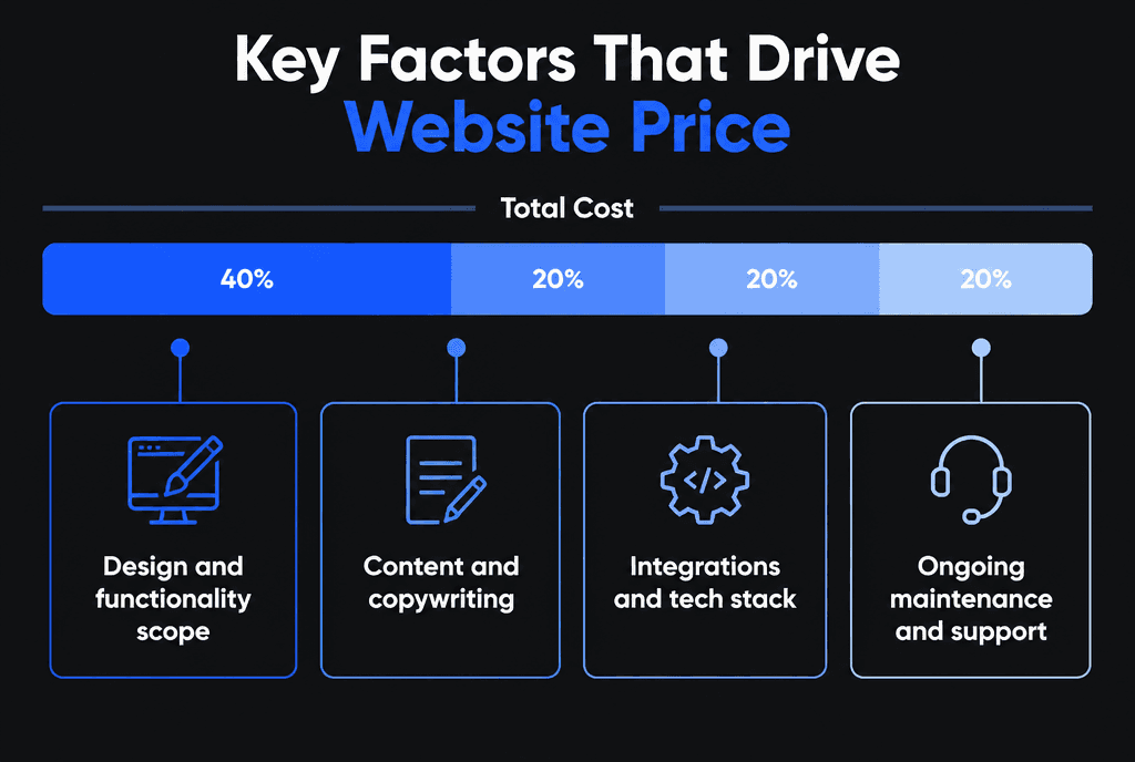 Infographic of key factors that drive website price: design and functionality scope, content and copywriting, integrations and tech stack, ongoing maintenance and support