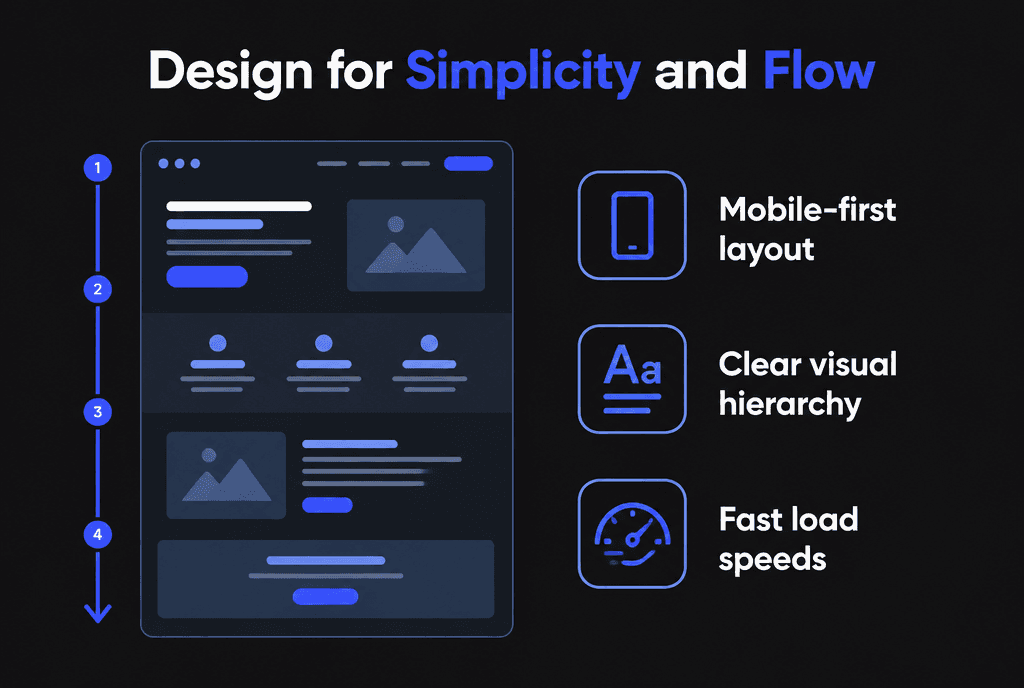 Infographic of landing page design for simplicity and flow: headline, benefits, proof, form and repeated call to action