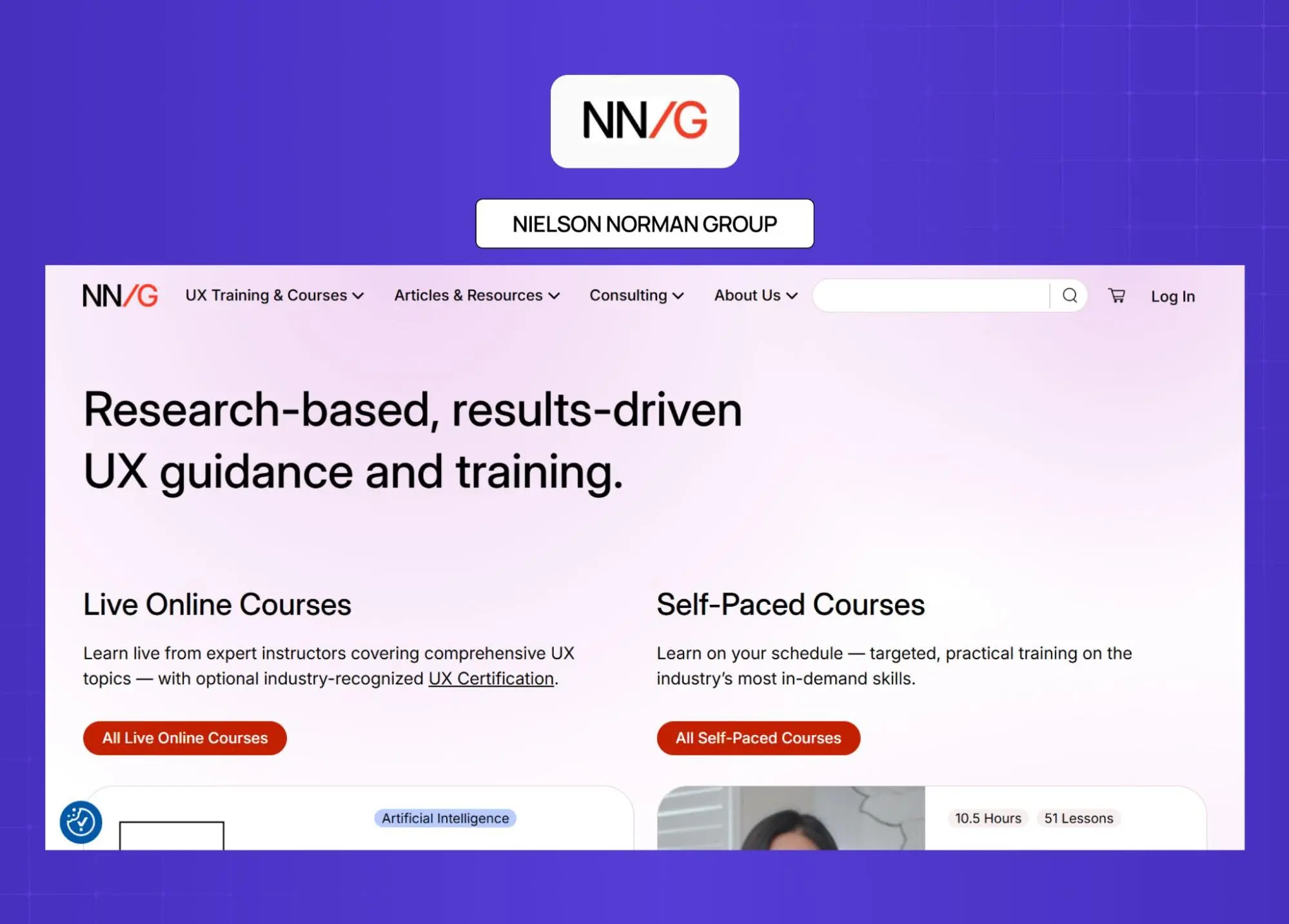 Nielsen Norman Group homepage showcasing research-based UX guidance and training resources with educational content-focused design.