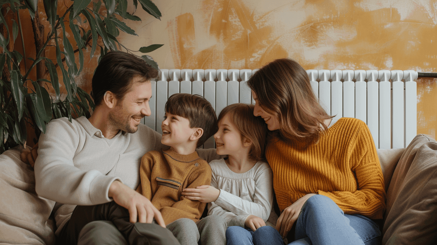 Happy smiling family nice and warm next to a central heating radiator