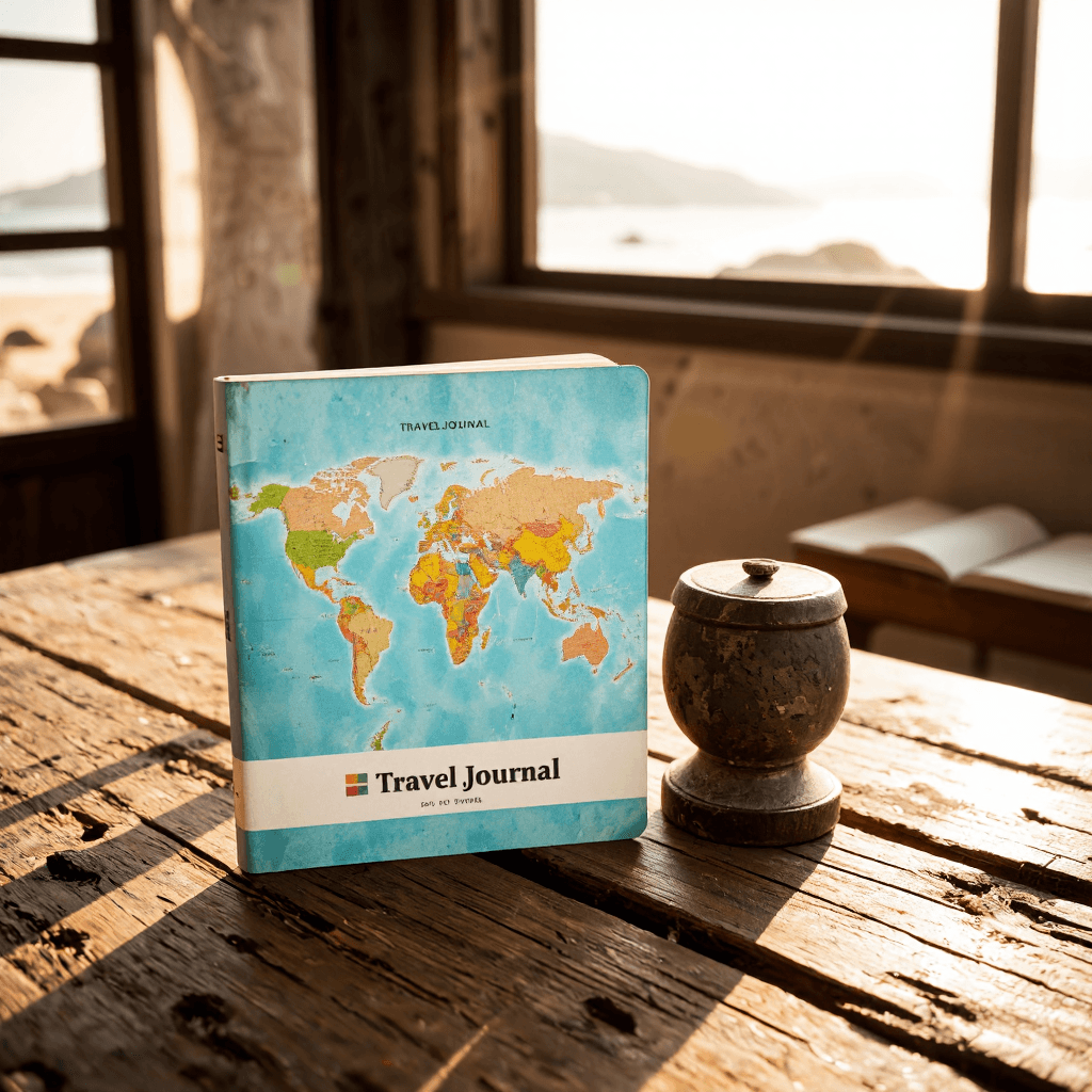 product photography of a travel journal with a world map design