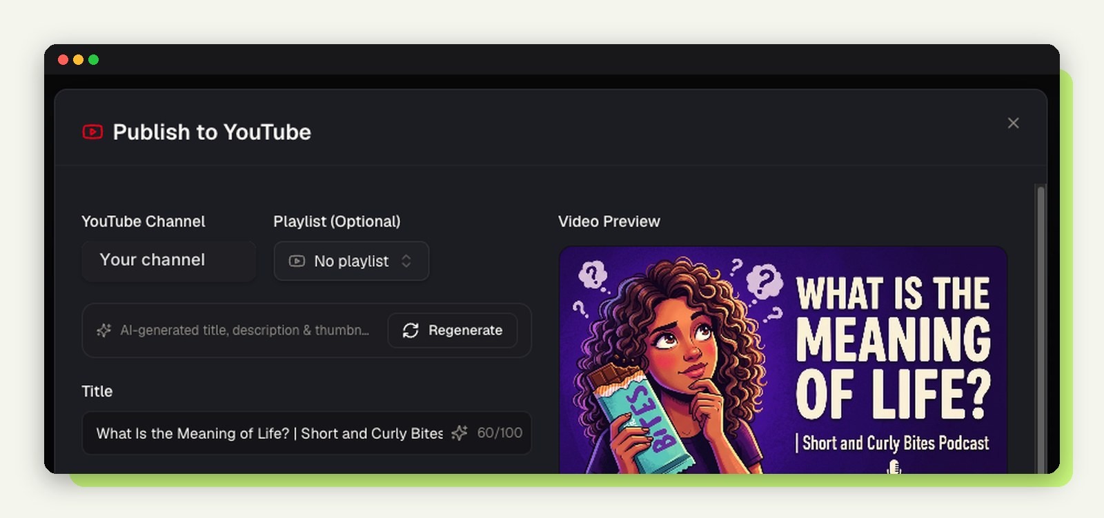 Podeo.ai publish to YouTube screen with AI title, description and thumbnail