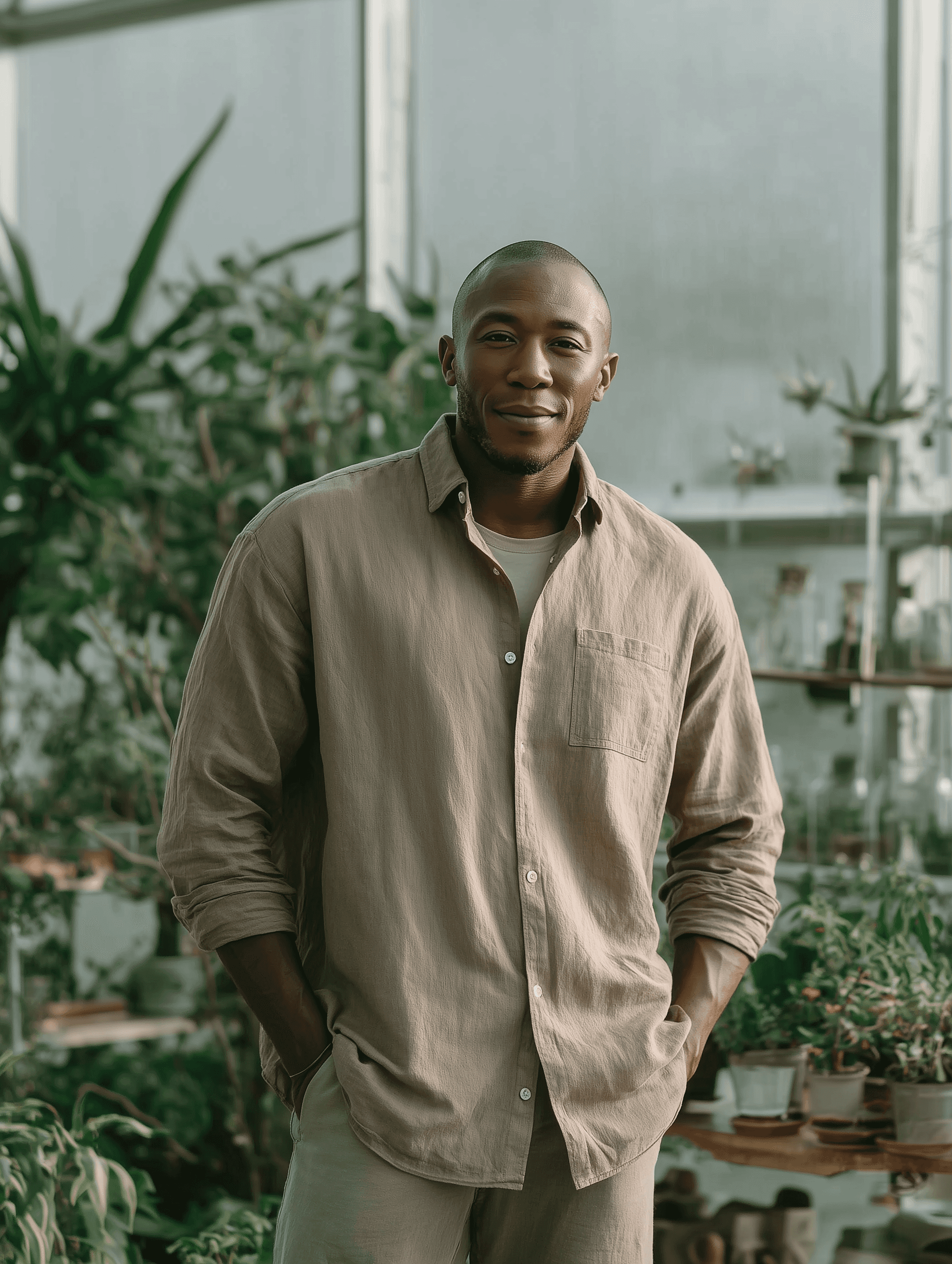 Confident man standing in a greenhouse surrounded by lush green plants, wearing a beige shirt and neutral-toned outfit.