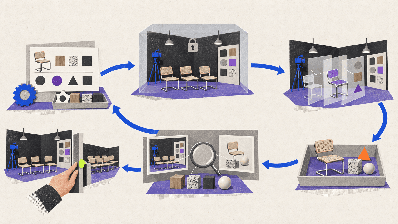 A six-stage loop defines an automation rule, protects source data, previews changes, tests a sample, validates the result, and waits for artist approval before scaling.