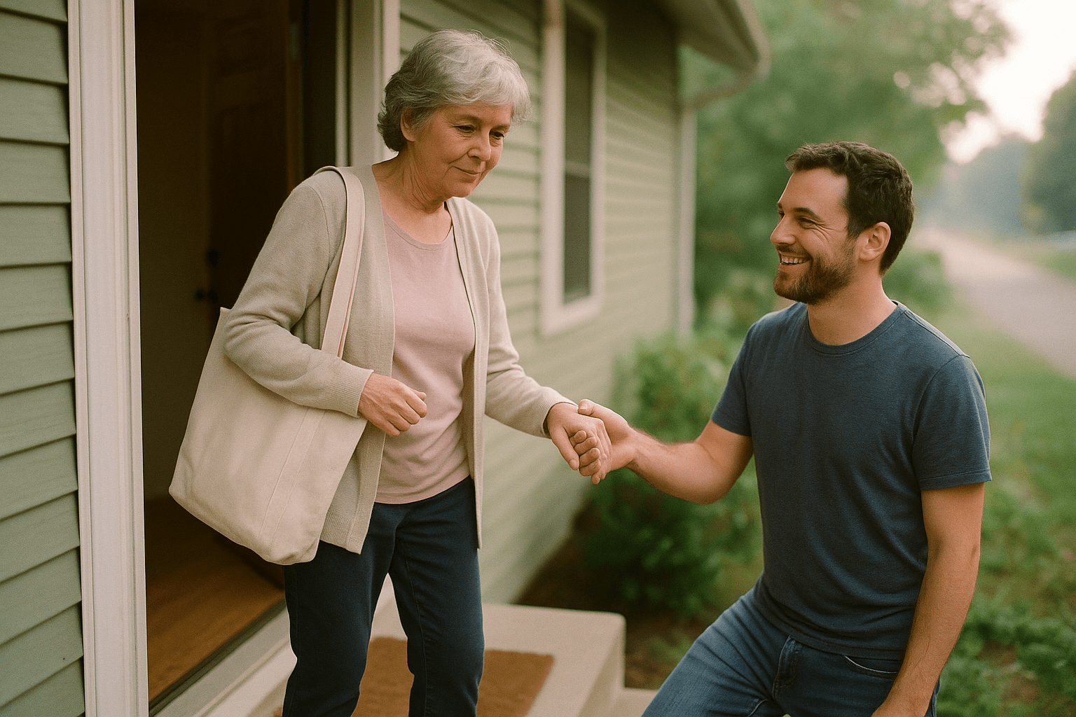 An older woman steps off her porch in morning light as her adult son offers a hand.