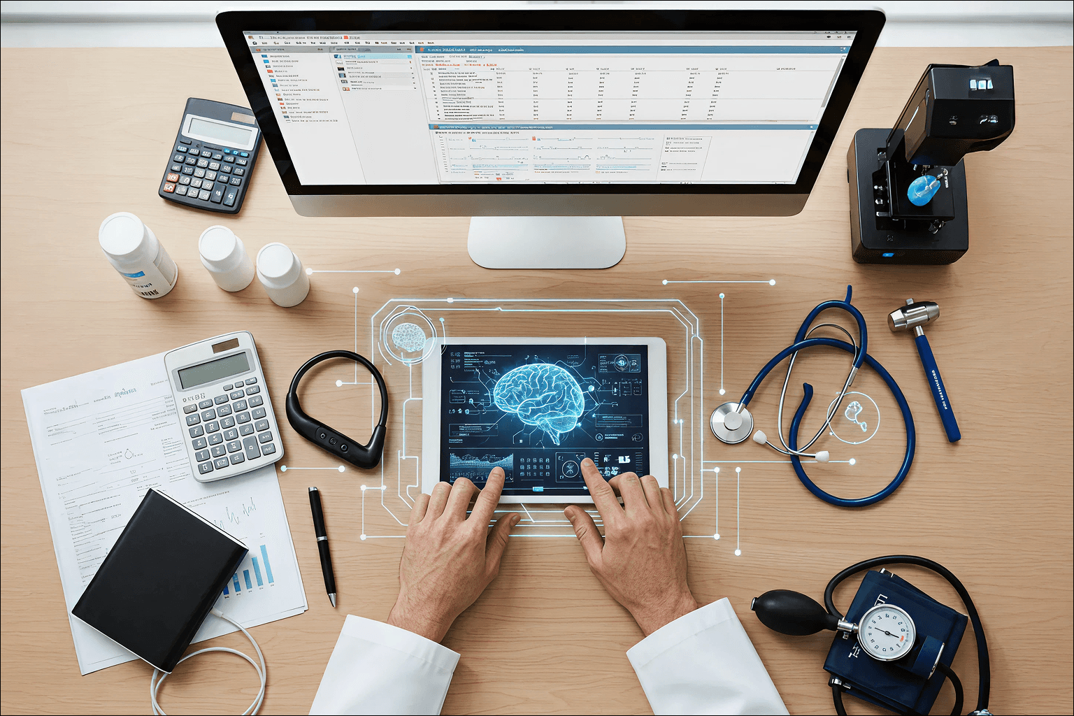 A doctor using a digital tablet displaying patient data alongside medical devices and a desktop EMR dashboard, representing seamless EMR integration across healthcare systems.