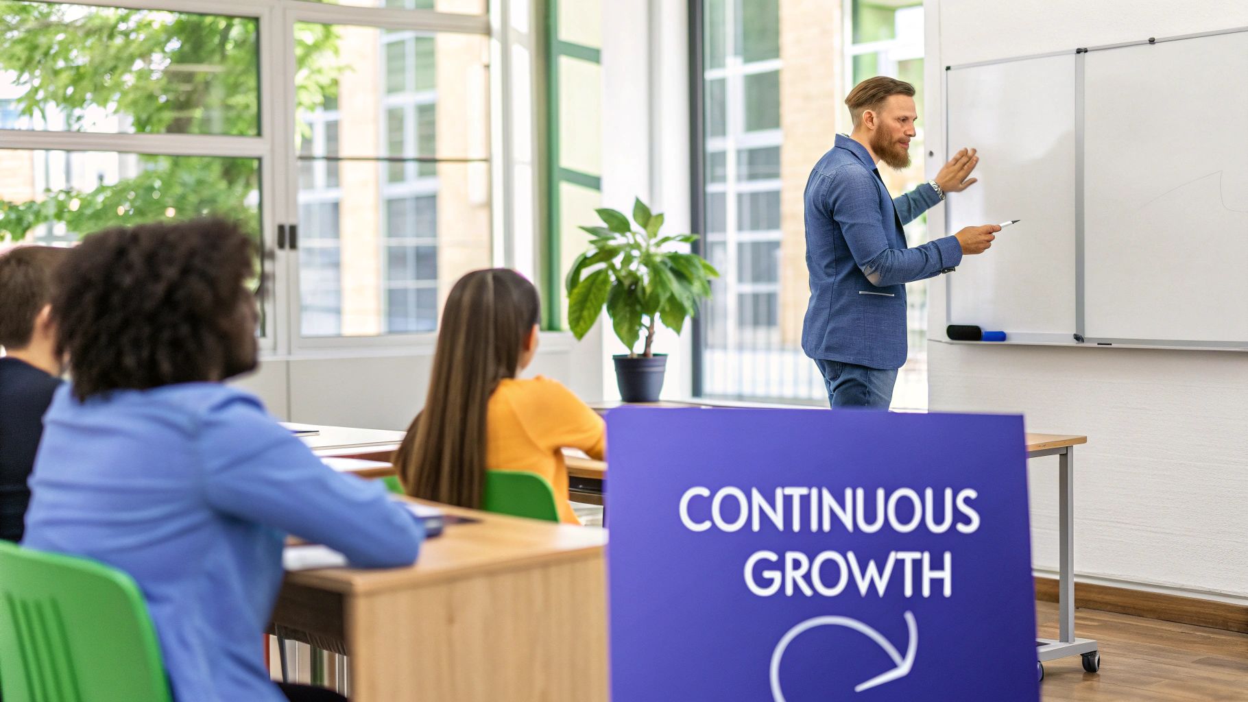A group of teachers collaborating around a table, engaged in professional development activities.