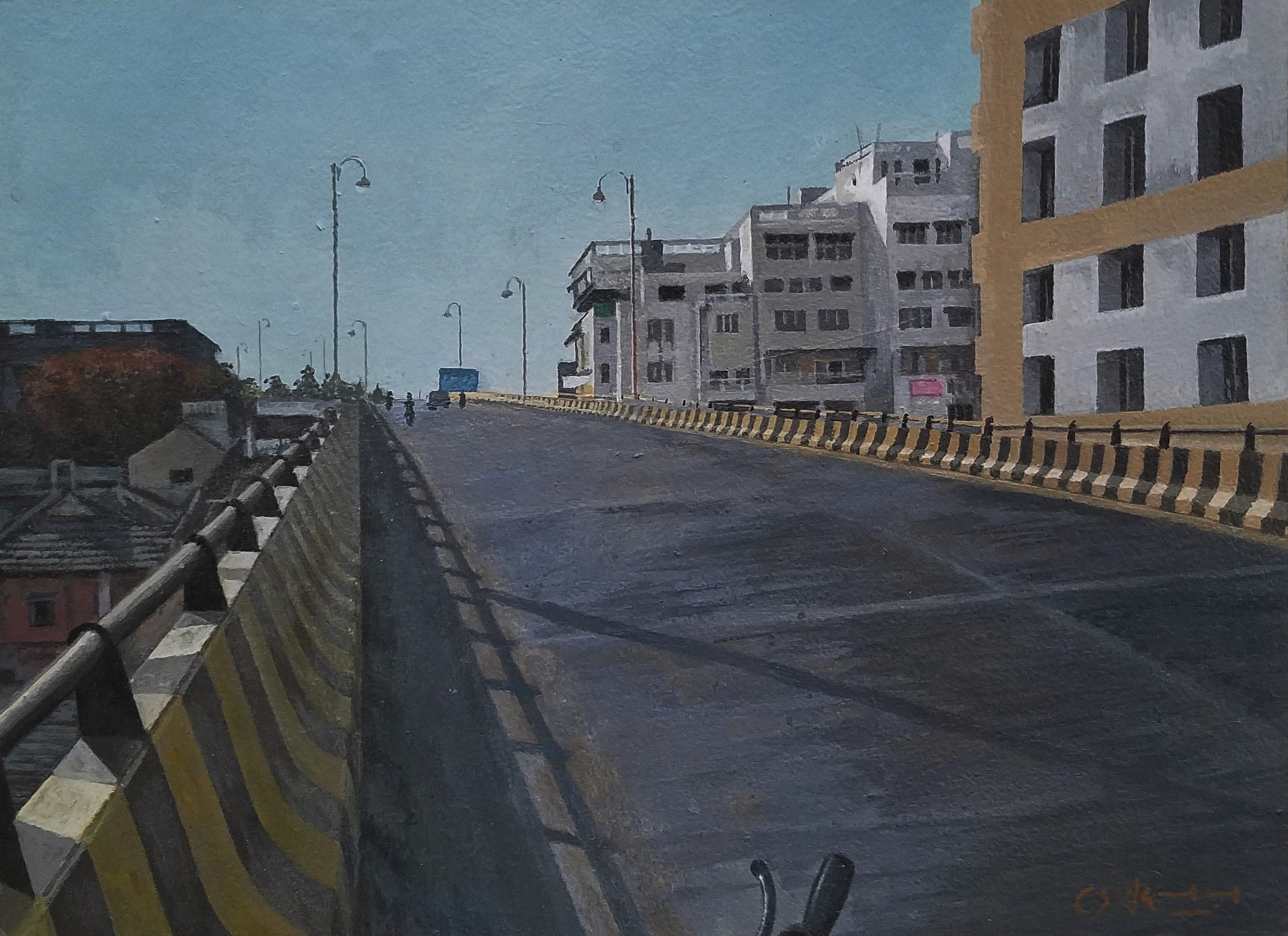 herd of sheep on road painting