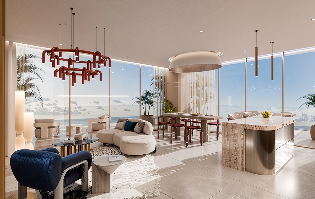A modern living room featuring a large window with a view of the ocean, inspired by Mondrian's geometric style.