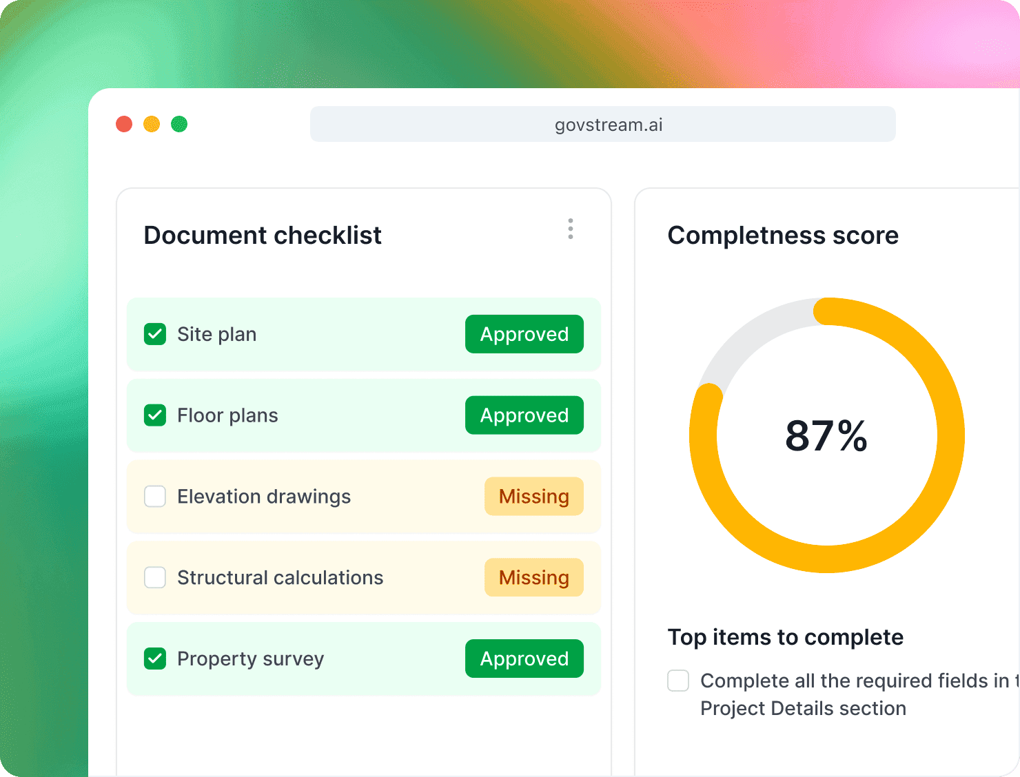 GovStream AI panel with Document checklist