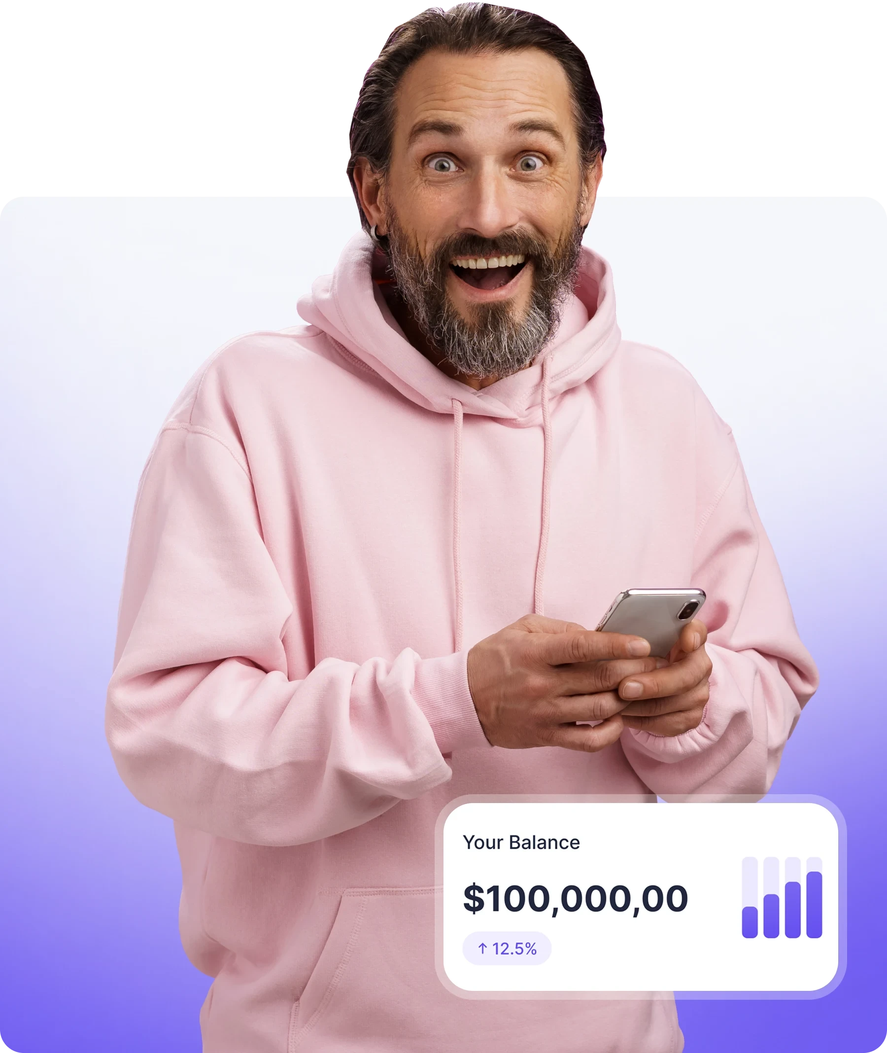 Person holding a phone with a financial balance card UI for Verity dashboard.
