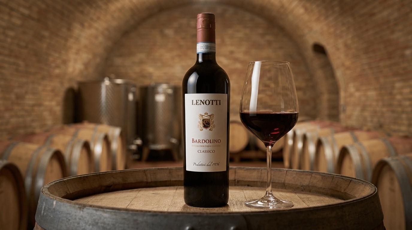 Rotwein auf Barrique-Fass in historischem Weinkeller mit stimmungsvoller Beleuchtung — Kellerei-Produktfotografie