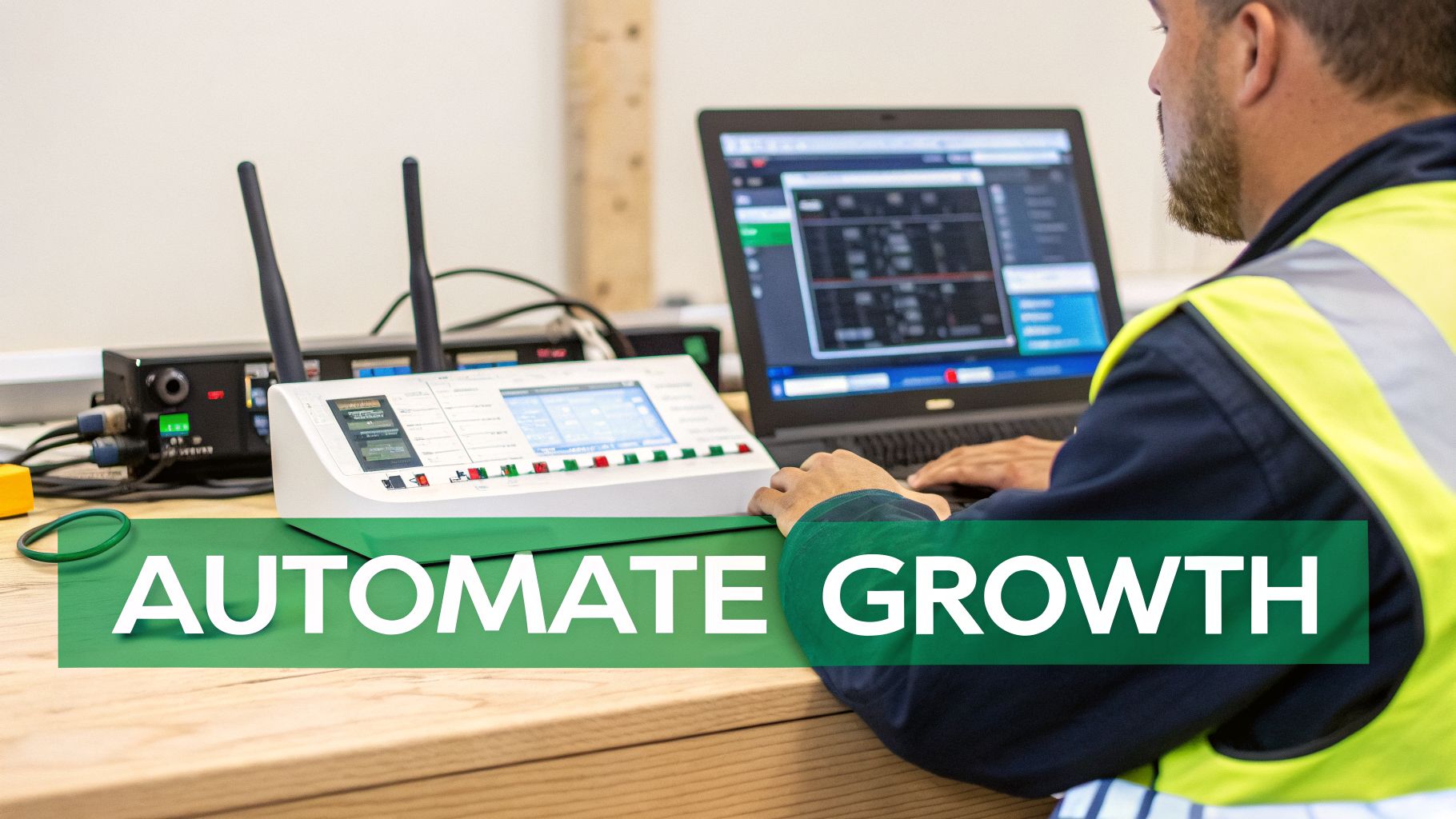 A man in a high-vis vest works on a laptop next to electronic equipment, symbolizing automated growth.