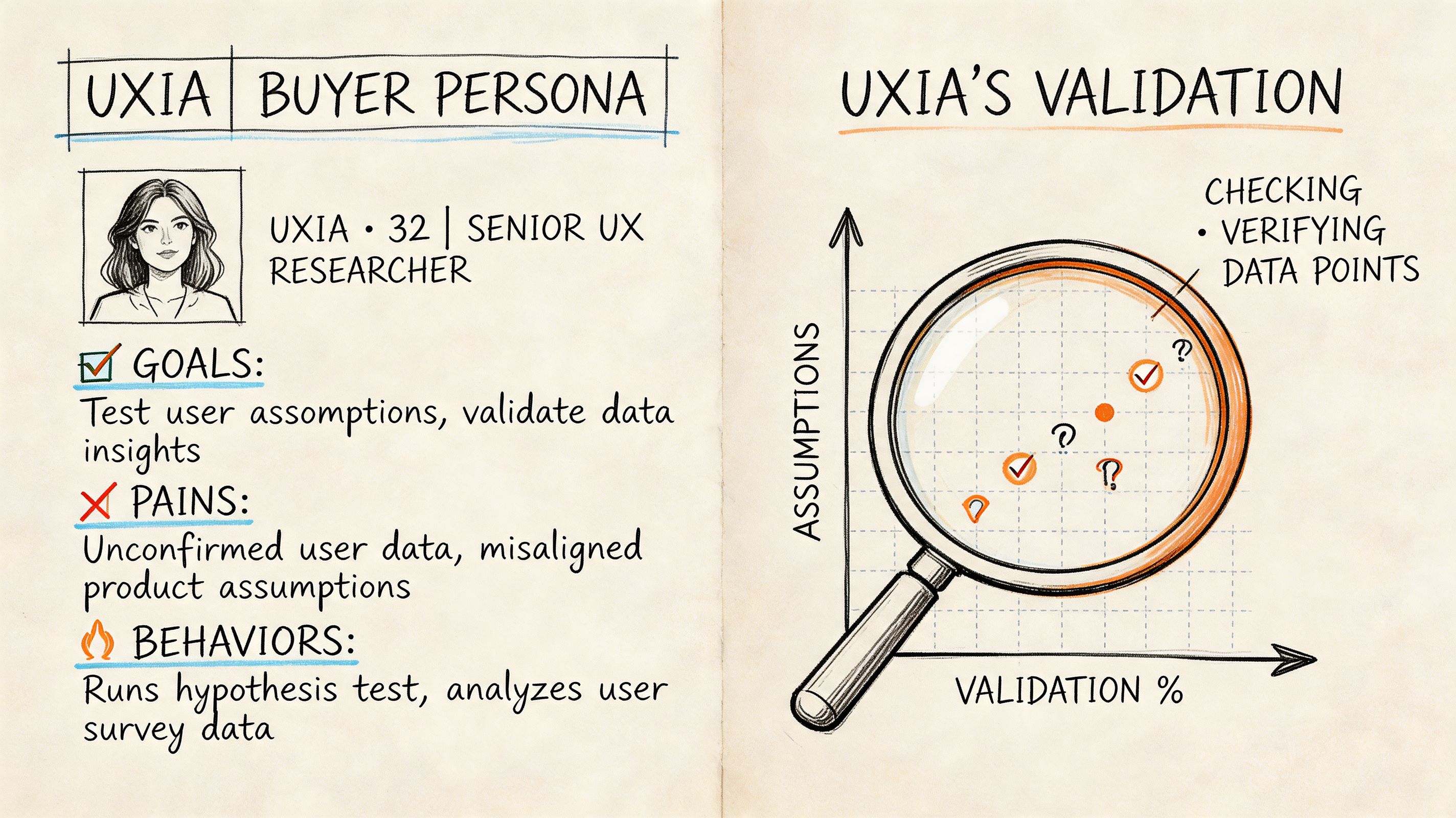 A buyer persona profile for a Senior UX Researcher named Uxia alongside a data validation graph visualization.