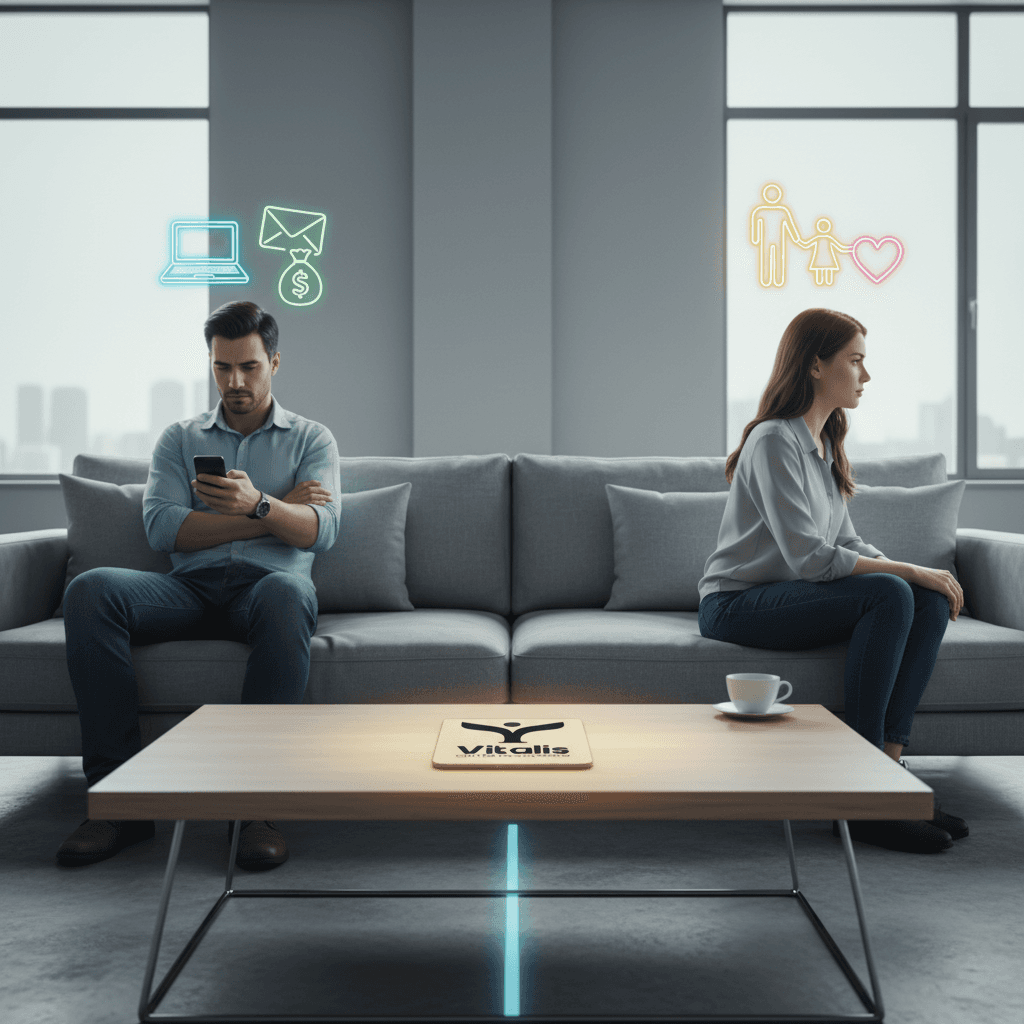 Pareja en terapia de pareja, sentada en sofá dividido, con logo de Centro Psicológico Vitalis en la mesa, consulta moderna en Santiago, Providencia