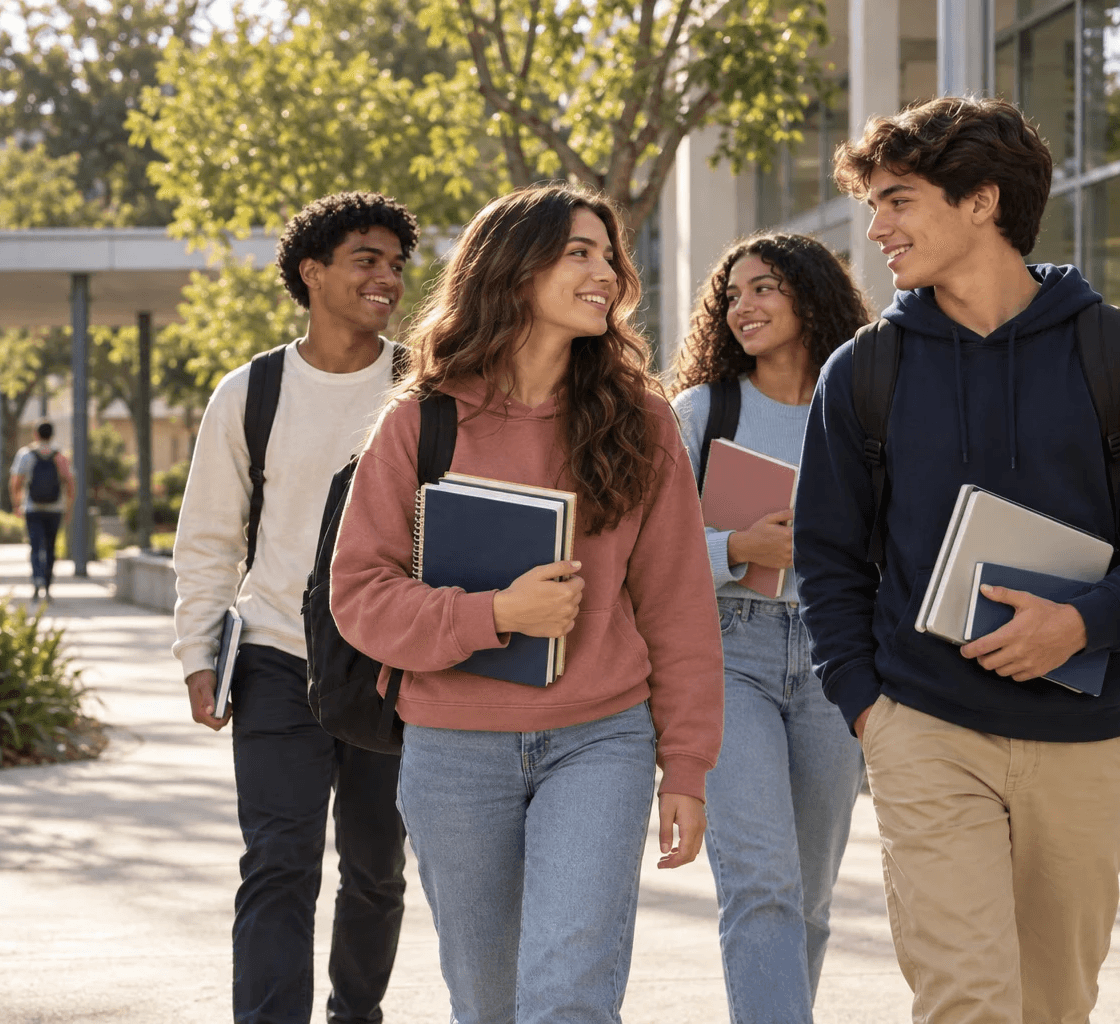 Estudantes do Ensino Médio caminhando juntos pelo pátio da escola