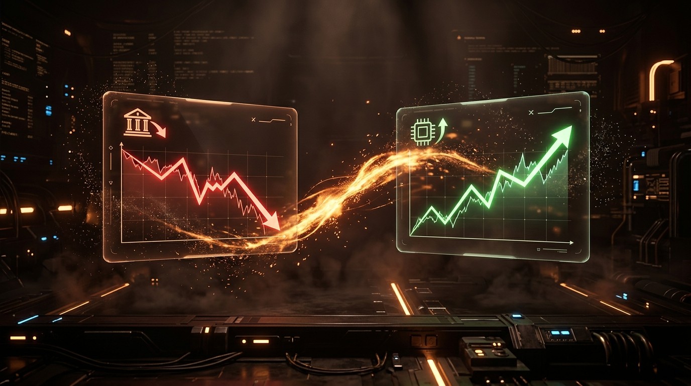 Glowing energy stream flowing from a declining banking chart toward a rising technology chart in dark space.