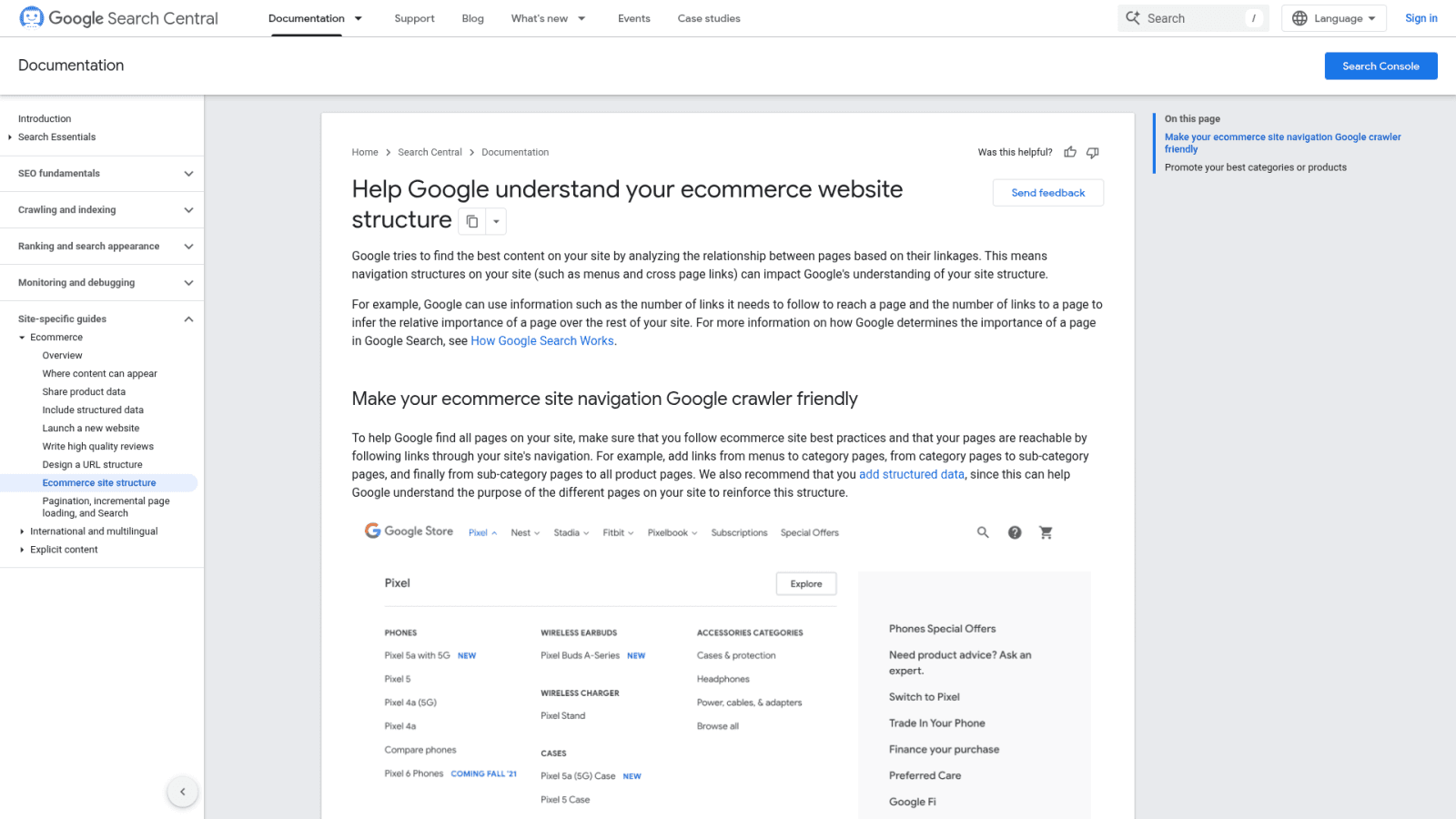Google Search Central ecommerce site structure guidance