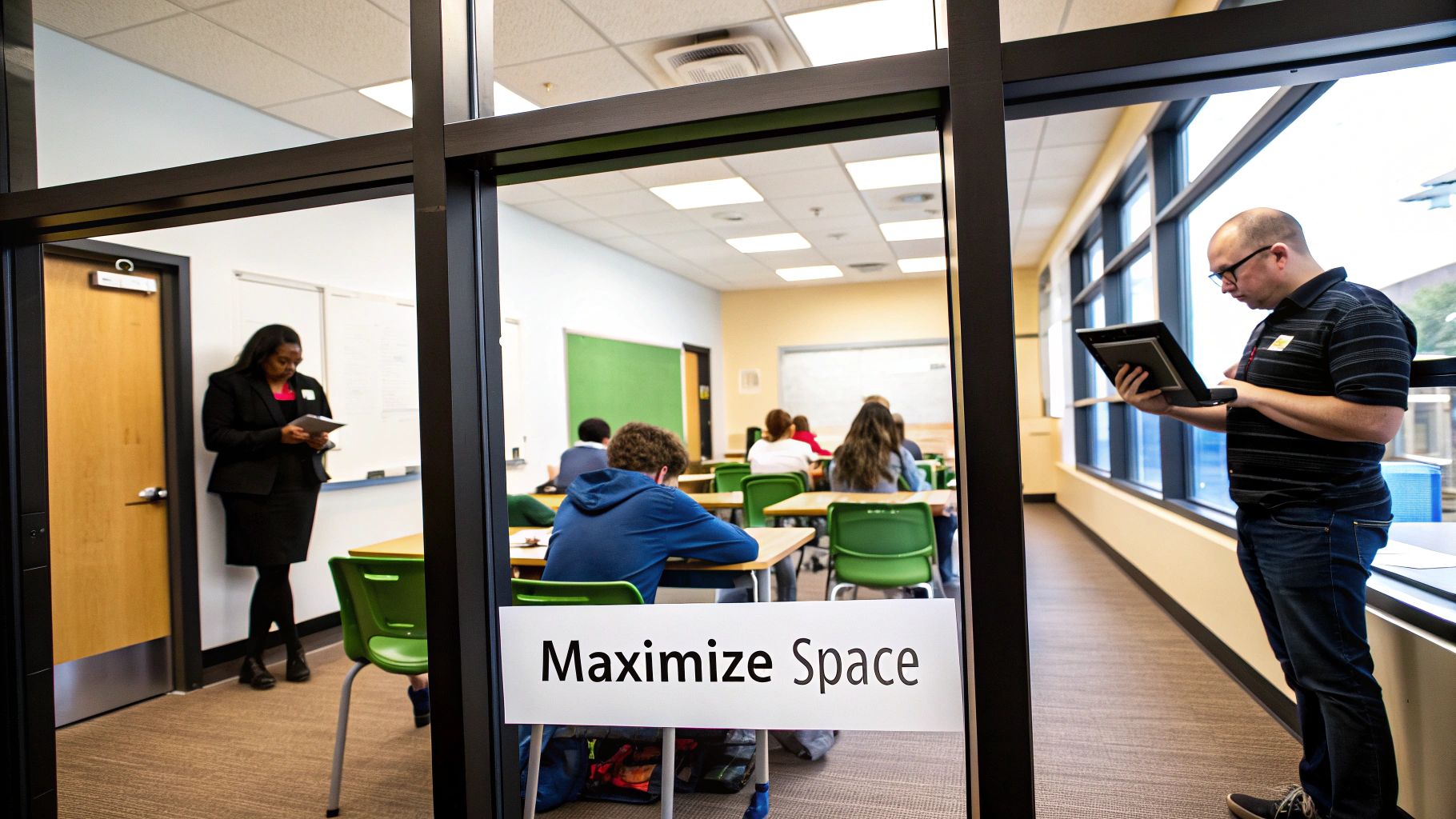 Professionals and students utilizing technology in a modern, well-lit classroom environment.