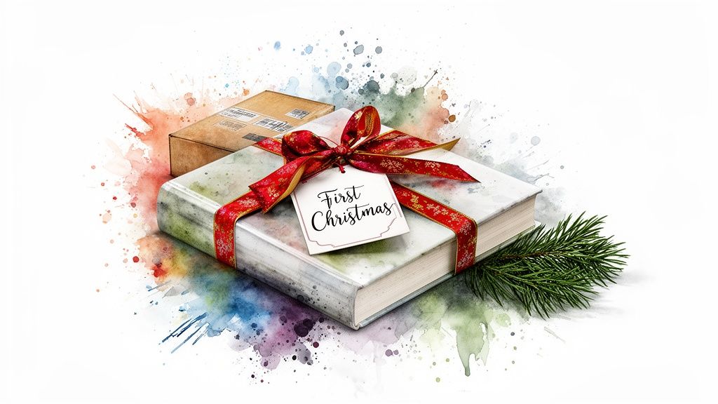 Personalized 'First Christmas' book with a red ribbon, pine branch, and delivery box, on a watercolor background.