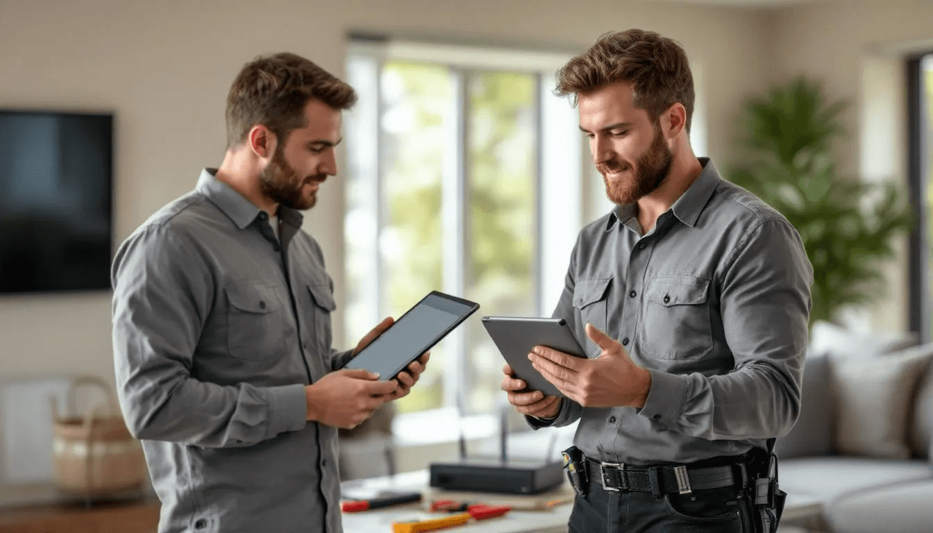 A professional technician is installing various smart home devices, such as smart speakers and smart locks, using modern testing equipment. The scene highlights the integration of smart home technology, emphasizing the convenience and automation of household smart devices.