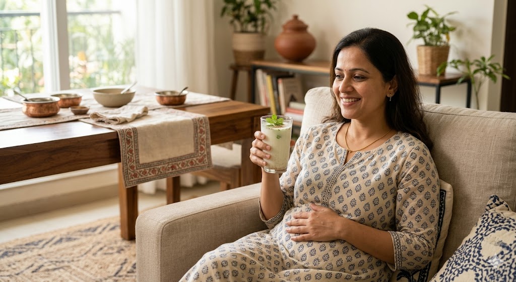 A smiling pregnant Indian woman sits on a sofa, holding a glass of buttermilk (chaas) and resting her hand on her belly in a comfortable living room.