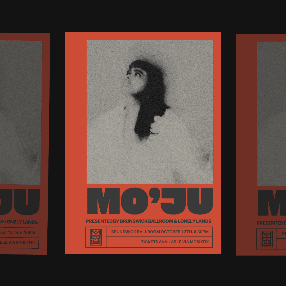 Vintage brutalist-inspired music event poster featuring bold, angular typography and a minimalist layout.