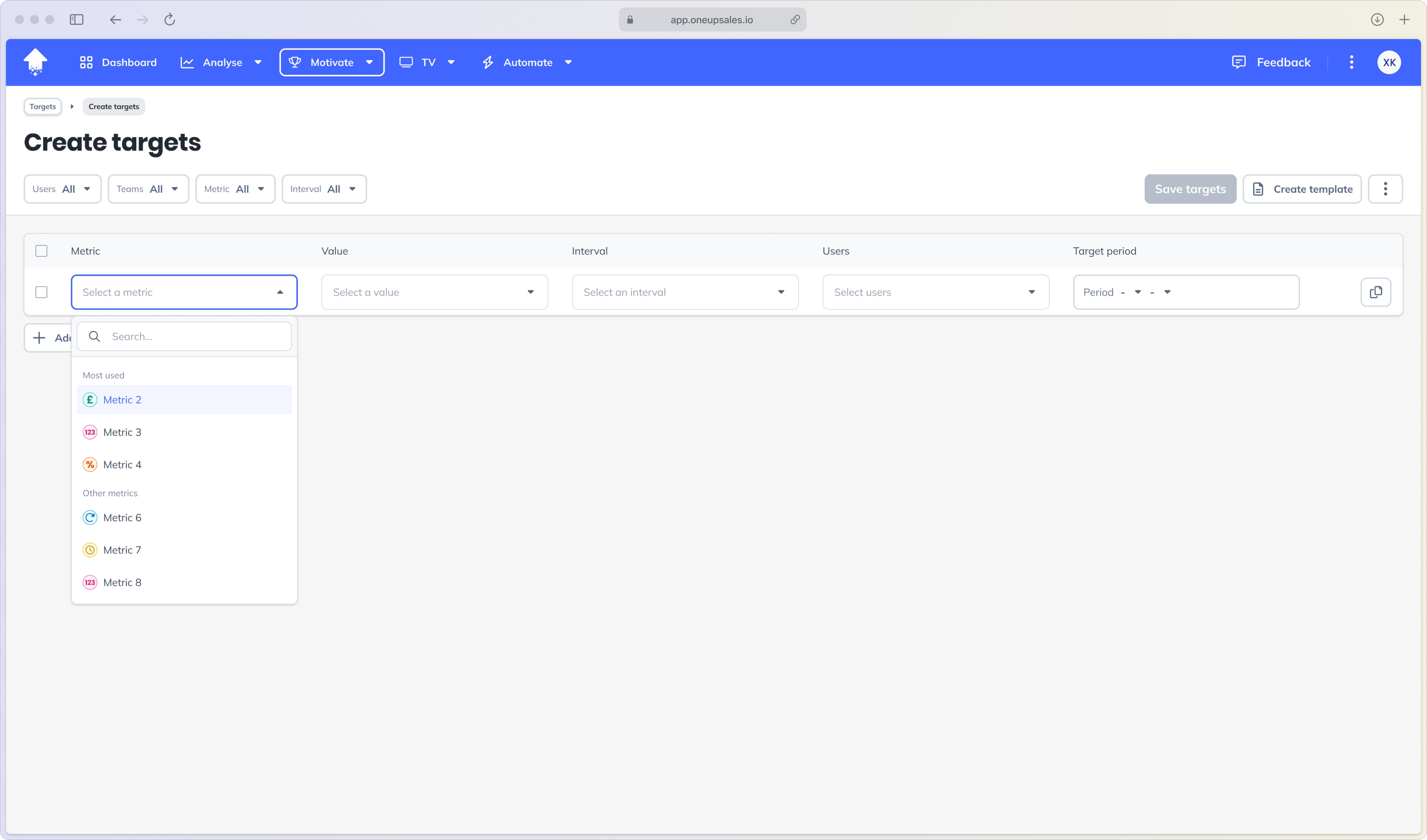 The create target flow highlighting the metric field