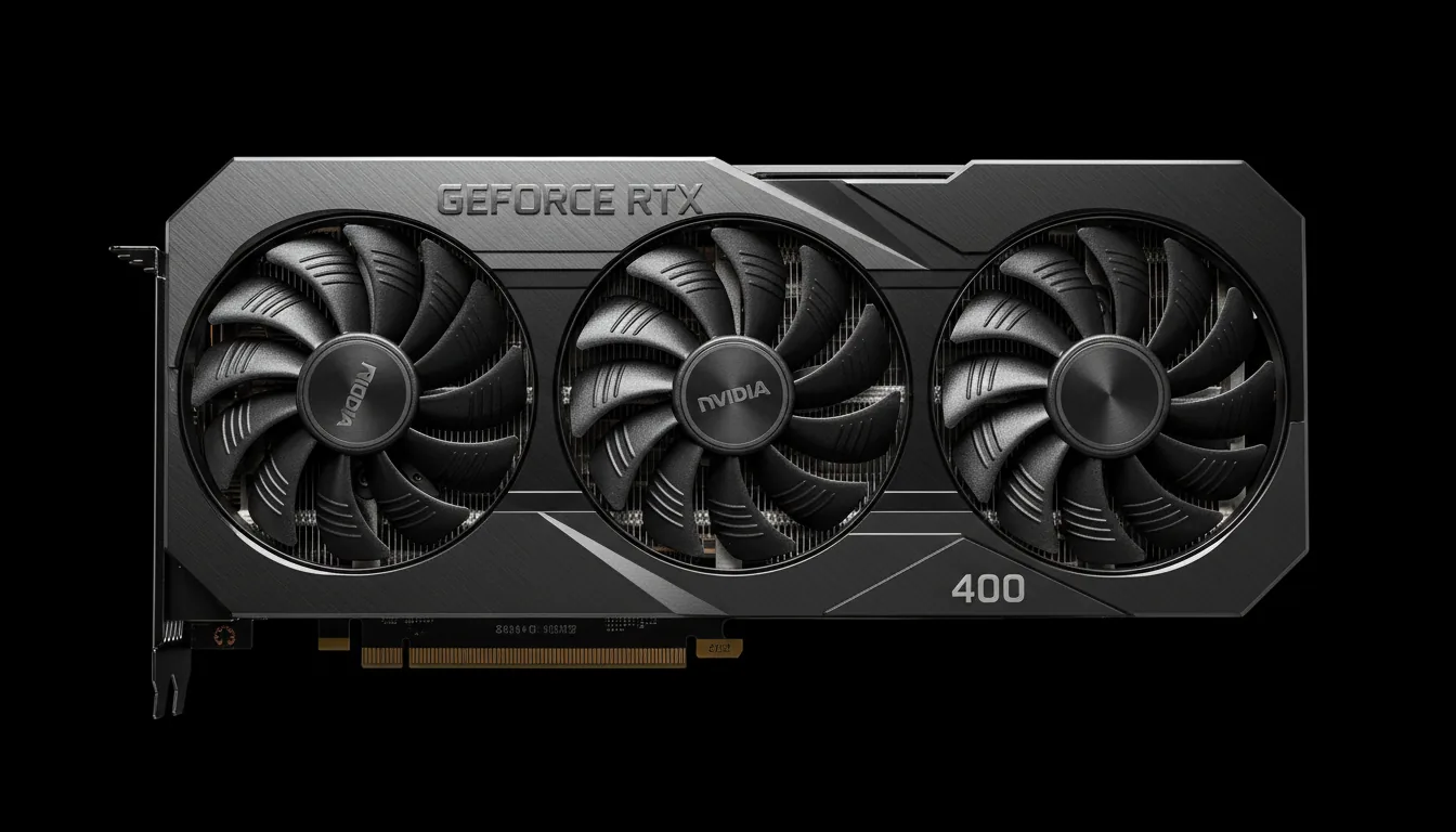 Macro DSLR product photograph of a modern NVIDIA GeForce RTX 4090 graphics card, showcasing its industrial design from a high angle. Soft studio lighting with cinematic contrast, creating clean highlights on the matte black and dark grey metallic textures. The entire device is in sharp focus against a pure black, seamless backdrop, revealing the intricate details of the cooling fan and embossed lettering.