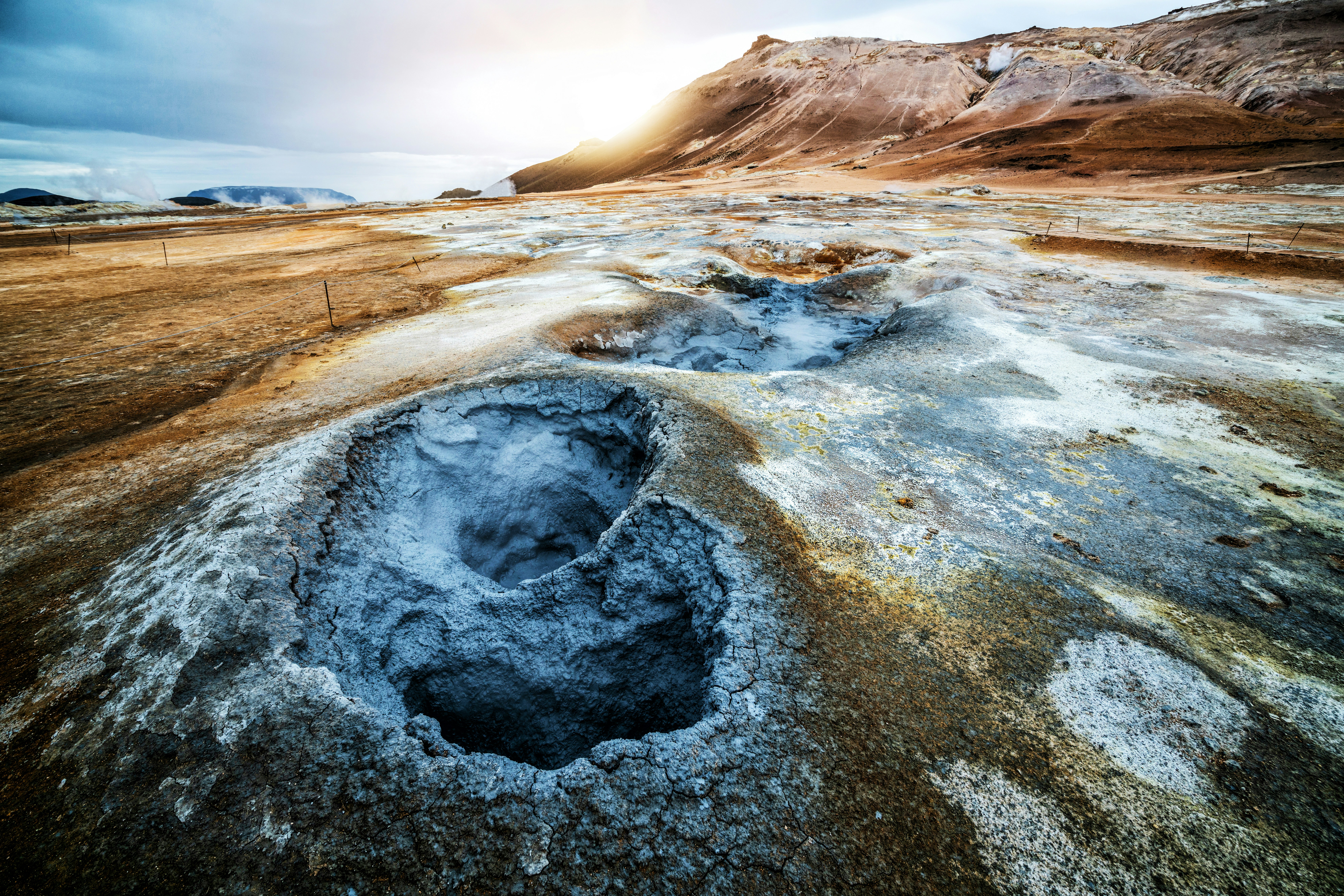 Hverir geothermal field with colorful vents in Iceland.