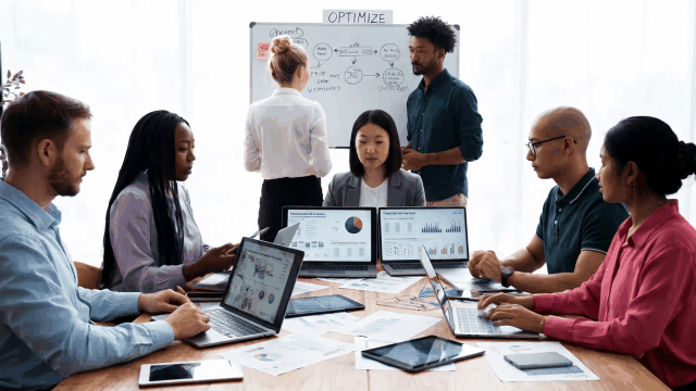 A diverse group of professionals collaborates in a bright, modern conference room. Five team members are seated around a wooden table, each working on laptops displaying charts, graphs, and performance analytics. Printed reports and digital tablets are scattered across the table. In the background, two team members stand at a whiteboard labeled "OPTIMIZE," brainstorming and diagramming strategy elements. The atmosphere reflects active campaign execution and performance monitoring in a data-driven work session.
