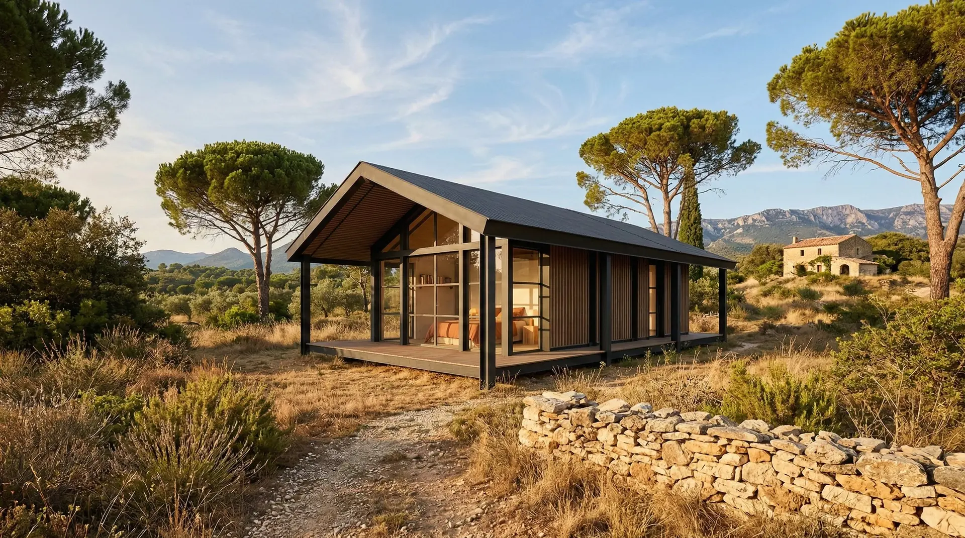 Écolodge Koya Copacabanon vue de face dans un paysage de garrigue avec pins parasols et montagnes