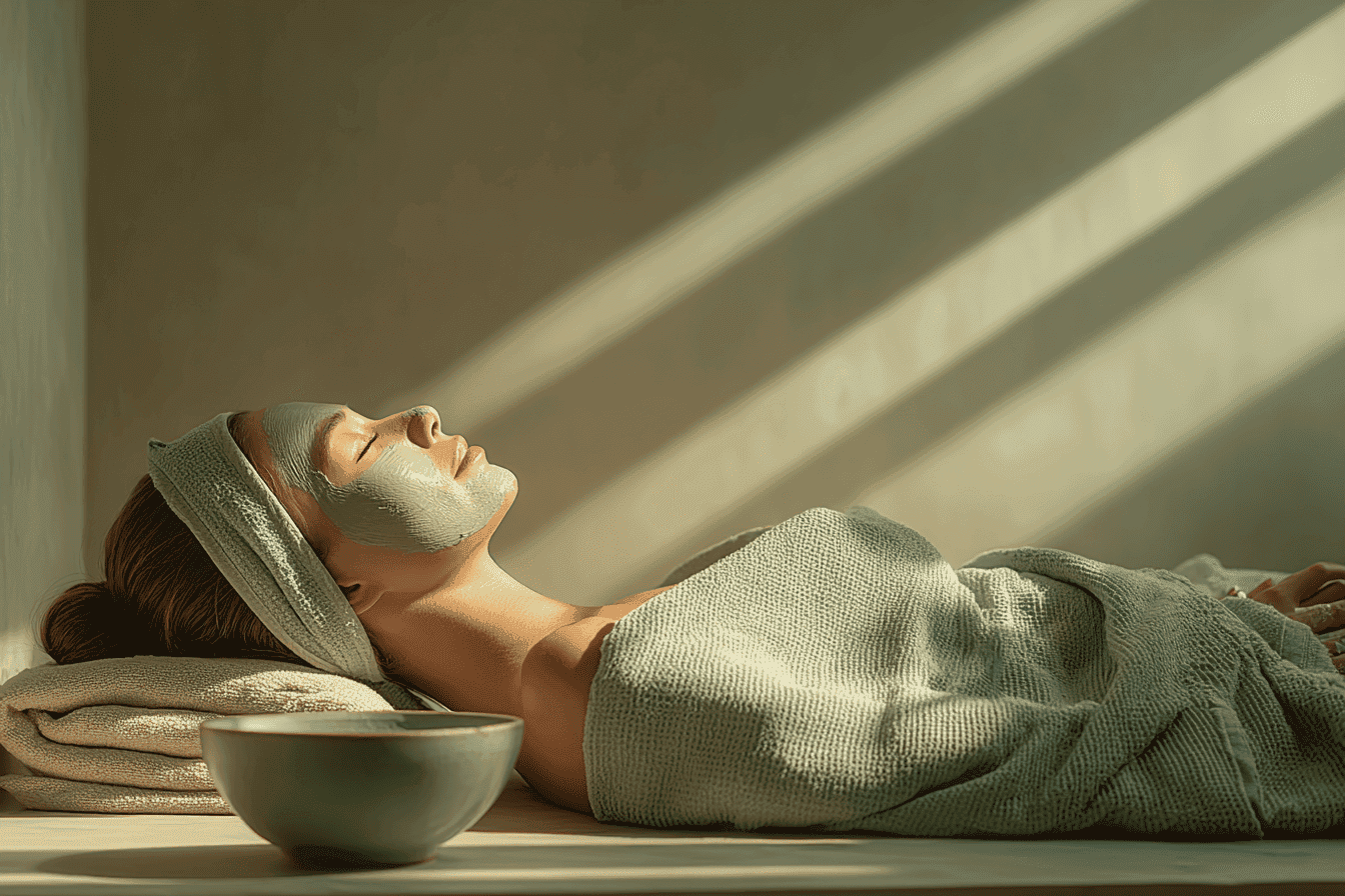 Woman receiving a relaxing facial treatment at a wellness centre, illustrating the calm aesthetic and trust-building approach of modern spa website design