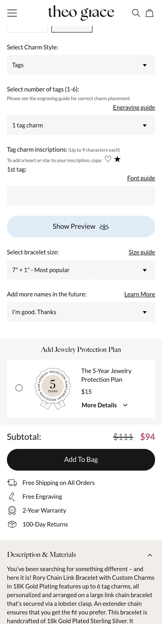 Jewelry product options include: bracelet, pendant, chain for Rory Chain Link Bracelet with Custom Charms in 18K Gold Plating from Theo Grace.