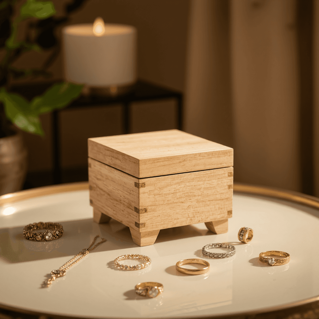 product photography of a small wooden box for storage