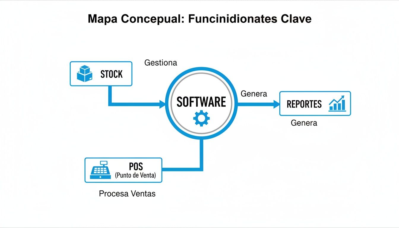 Mapa conceptual que ilustra las funciones clave de un software: gestiona stock, procesa ventas POS y genera reportes.