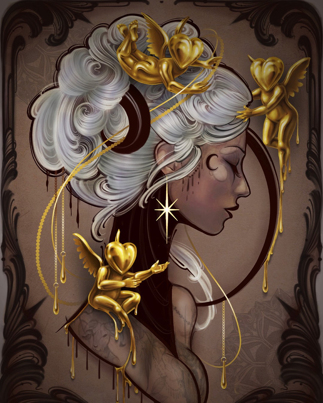 Collab with Ryan Ashley and Dave Koenig, of a woman's side profile with grey hair, glowing jewelry, and small dripping gold cherubs.