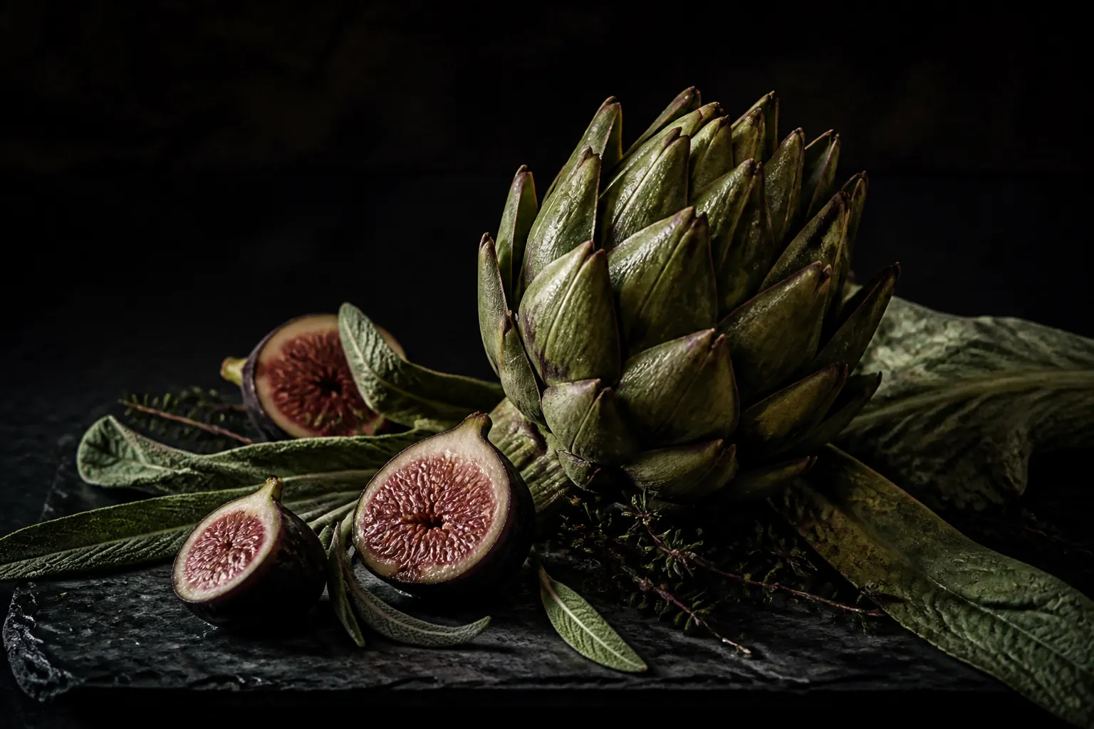 Early autumn produce — artichokes and figs