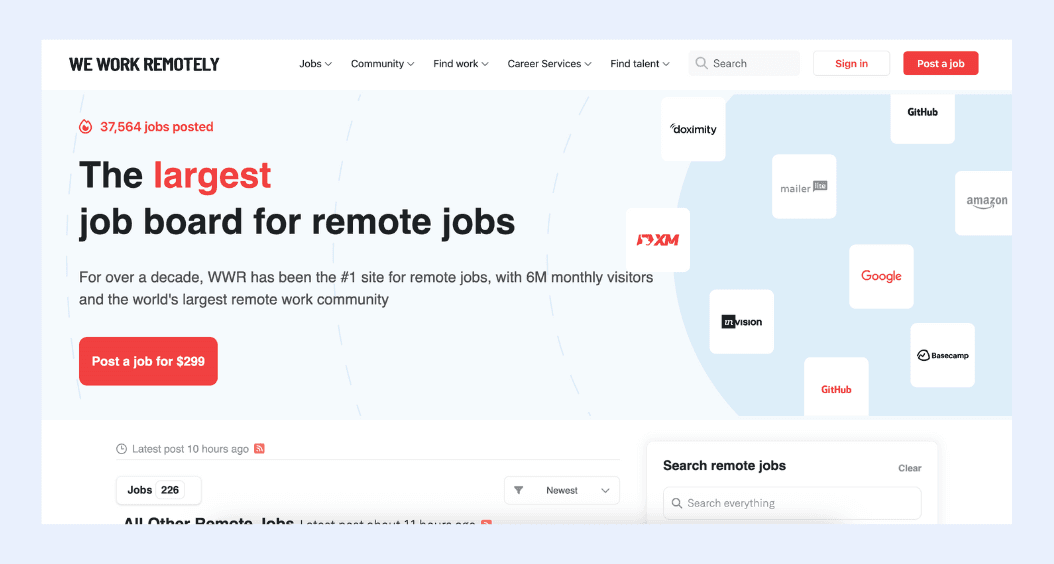 We Work Remotely's homepage